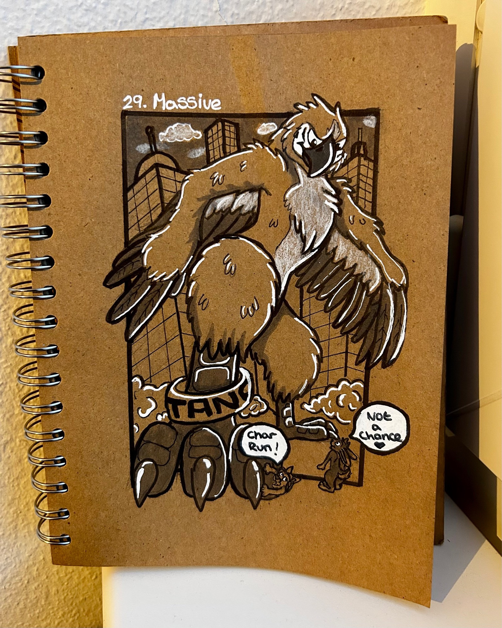 Monochrome drawing of ink on brown paper as a giant kaiju parrot tango tearing through a city squashing a small fiox while chargan looks on enamoured  