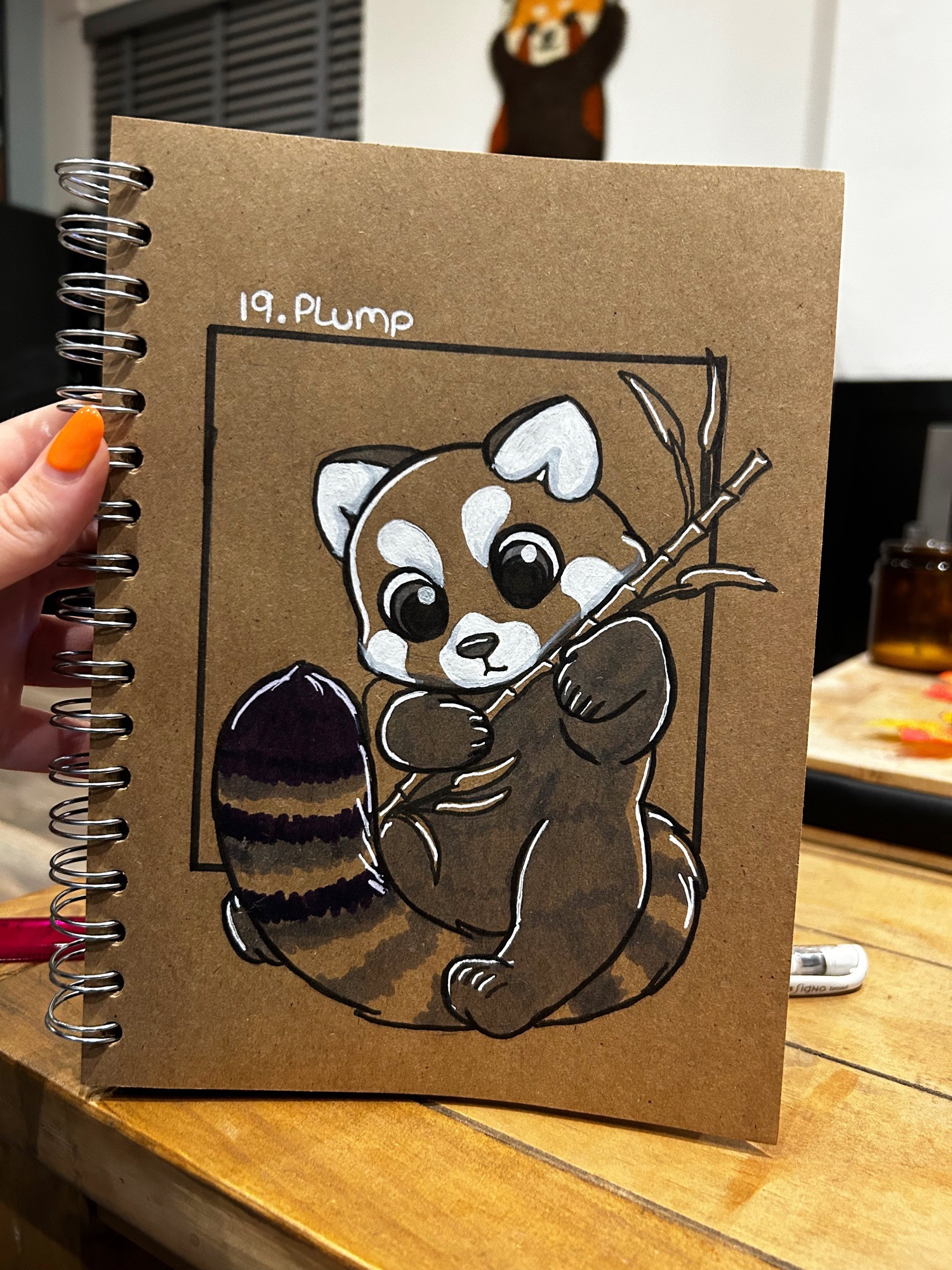 Chunky red panda drawing monochrome ink on brown paper for inktober prompt 19 plump 