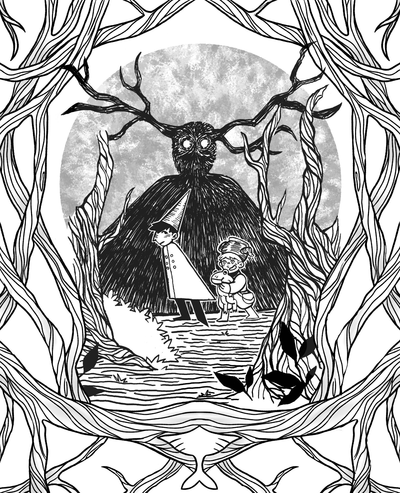 A black and white illustration of Over The Garden Wall characters Wirt and Greg, with The Beast looming behind them. Greg is holding his pet frog. All around them branches frame them.