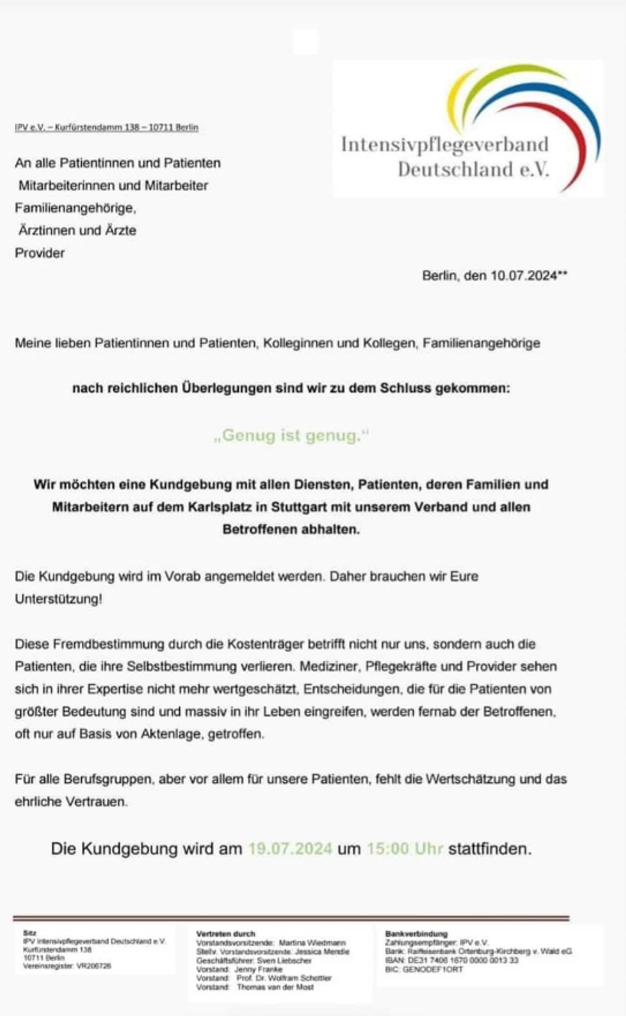 Ankündigung Kundgebungen für mehr Selbstbestimmung in der Intensivpflege am 19.07. in Stuttgart.