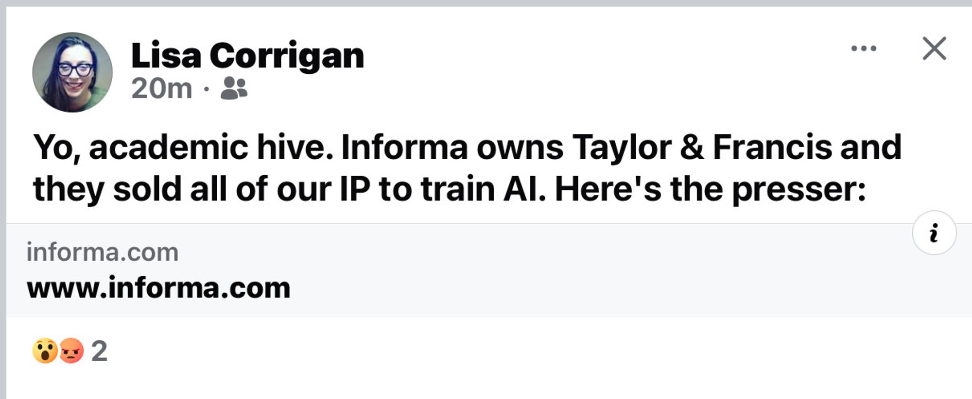 Lisa Corrigan posted

Yo, academic hive. Informa owns Taylor & Francis and they sold all of our IP to train AI. Here's the presser: