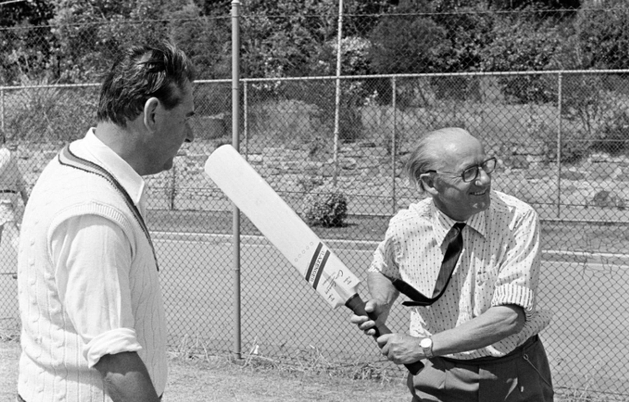 A relaxed Don Bradman and Colin Cowdrey at the Adelaide Oval, December 23rd 1974 (Patrick Eagar)