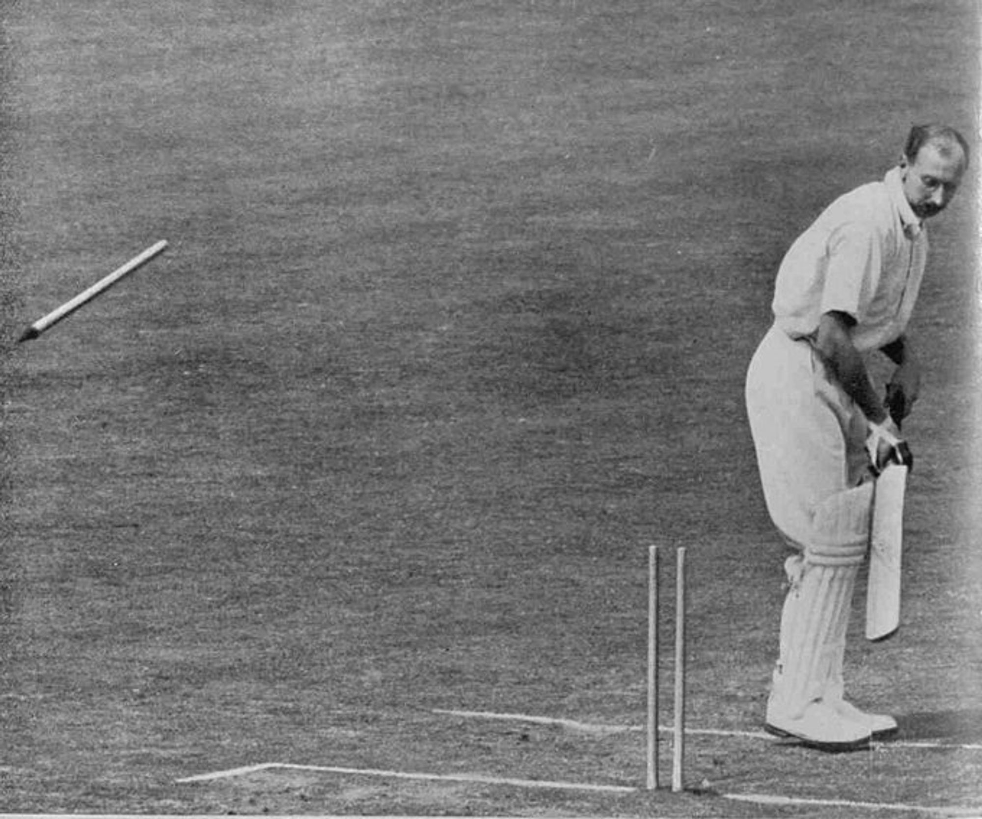 About as comprehensive as you can get ... Percy Fender's off stump is sent flying by Harold Larwood in the Gentleman v Players match at The Oval, July 11th 1929. Fender scored 62 and Larwood took 2 for 107 in a drawn match