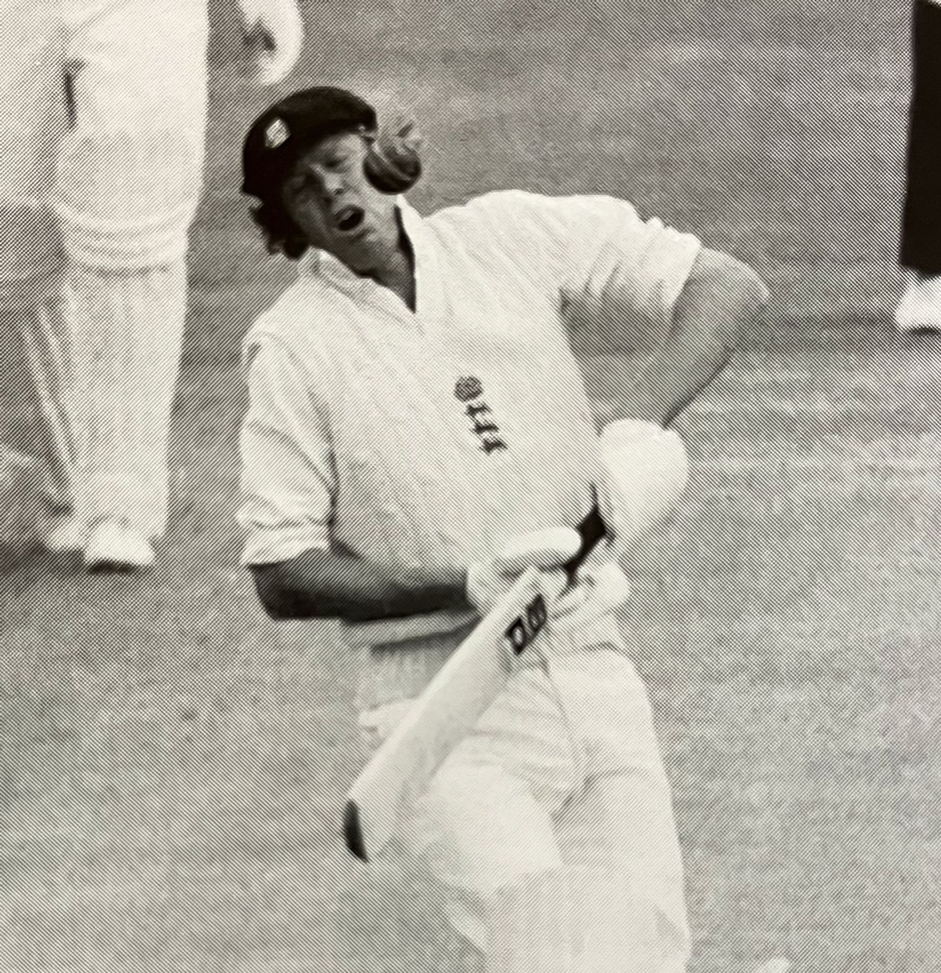 Tony Greig just avoids a Jeff Thomson bouncer. England v Australia, 2nd Test, Old Trafford, July 9th 1977