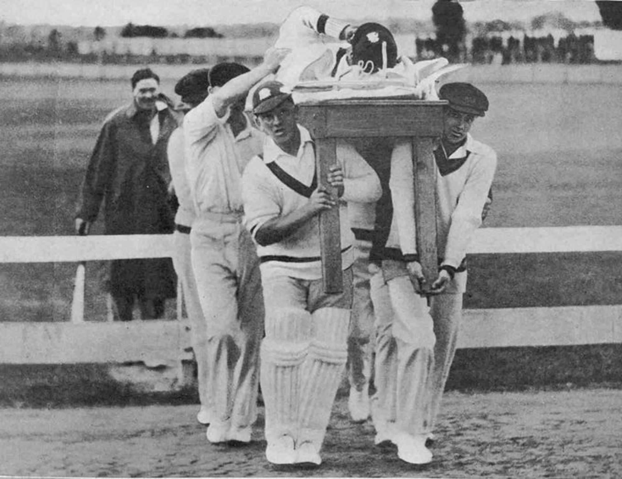 Improvisation ... George Geary carried off on a table after being hit  during the MCC match against Western Australia, October 20th 1928.  Geary was sent in to open in the final overs and was hit by a rising ball from Ron Halcombe. He suffered a broken nose