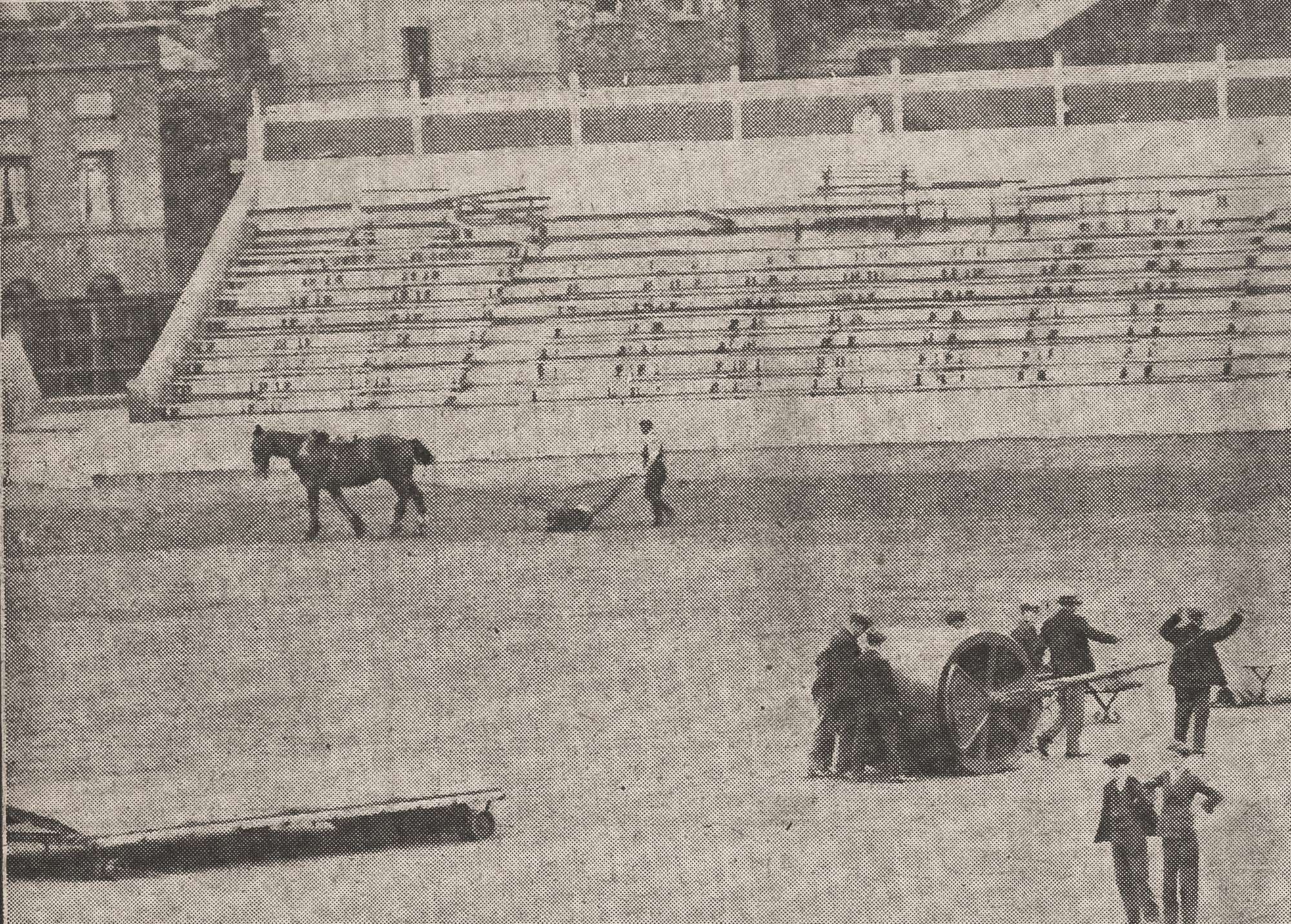 Lovely picture of preparations for the deciding 5th Ashes Test at The Oval, August 1930. The massive roller is hauled back and forth on the track while a horse, with hooves covered in leather boots to avoid damage, pulls a mower around the outfield