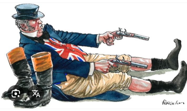 A British "patriot" aims to shoot himself in both feet. It's a cartoon depiction of Brexit.