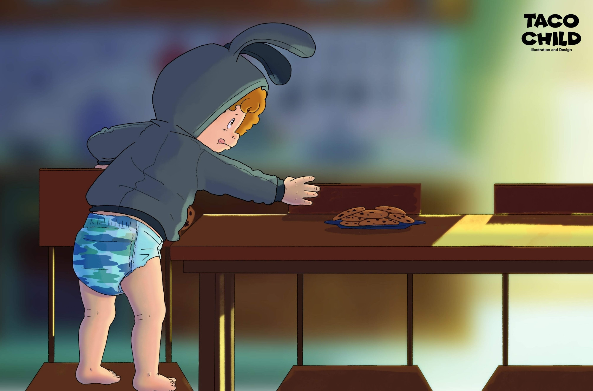 Hiro, dressed in a hooded sweatshirt with bunny ears and a cammies diaper, on top of a kitchen chair reaching for chocolate chip cookies that are barely out of reach.