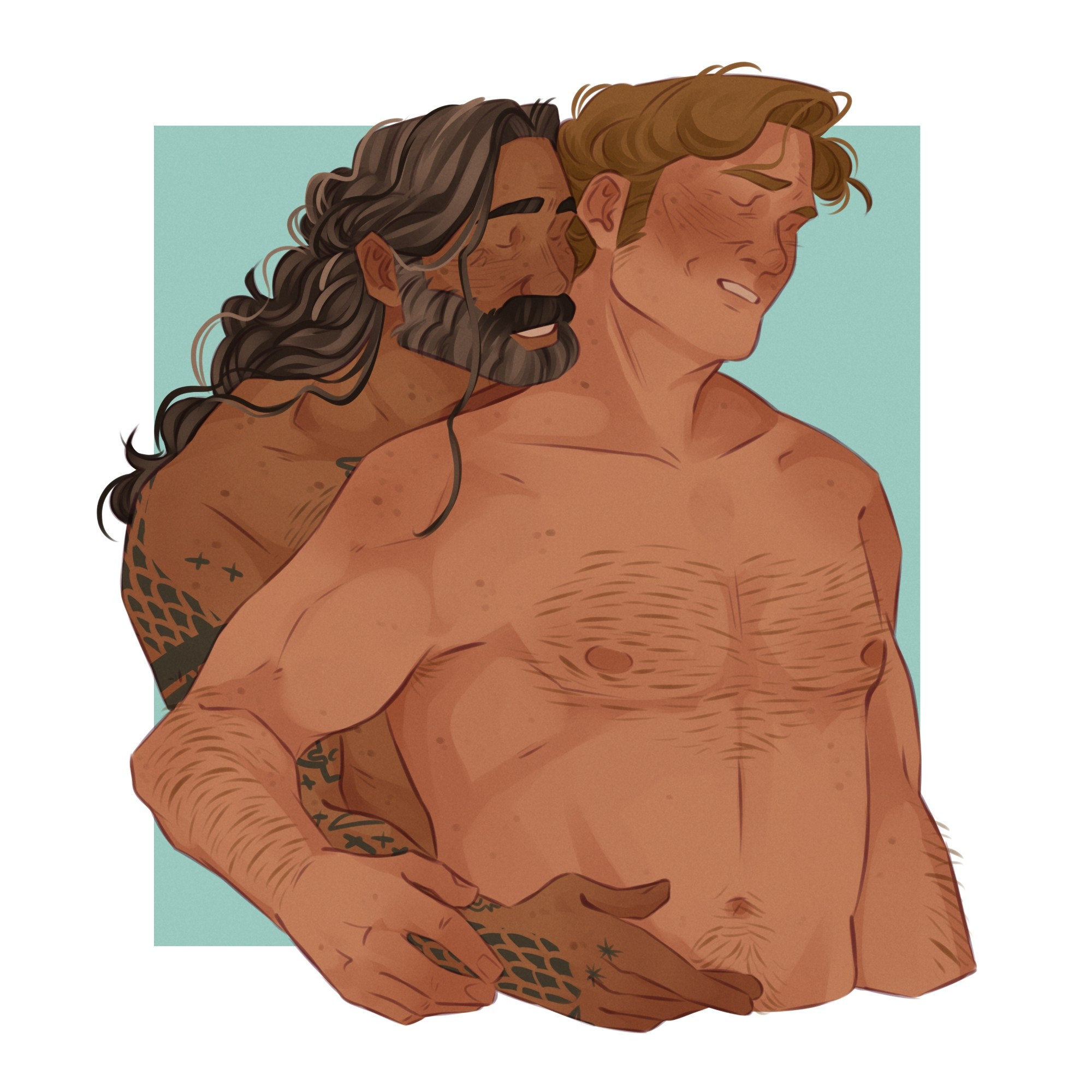 Art of Stede and Ed by RamRanch, featuring topless Stede, and topless Ed embracing him from behind, both with eyes closed, very happy