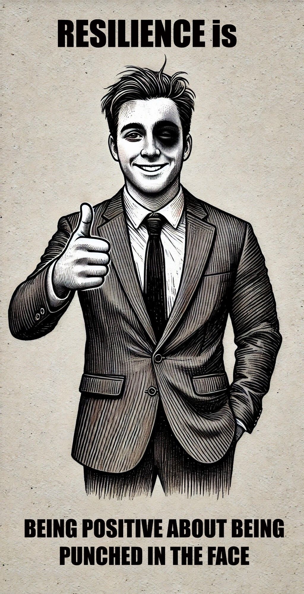 Cartoon of a businessman with a black eye and a thumbs up. Caption says "Resilience is... being positive about being punched in the face"