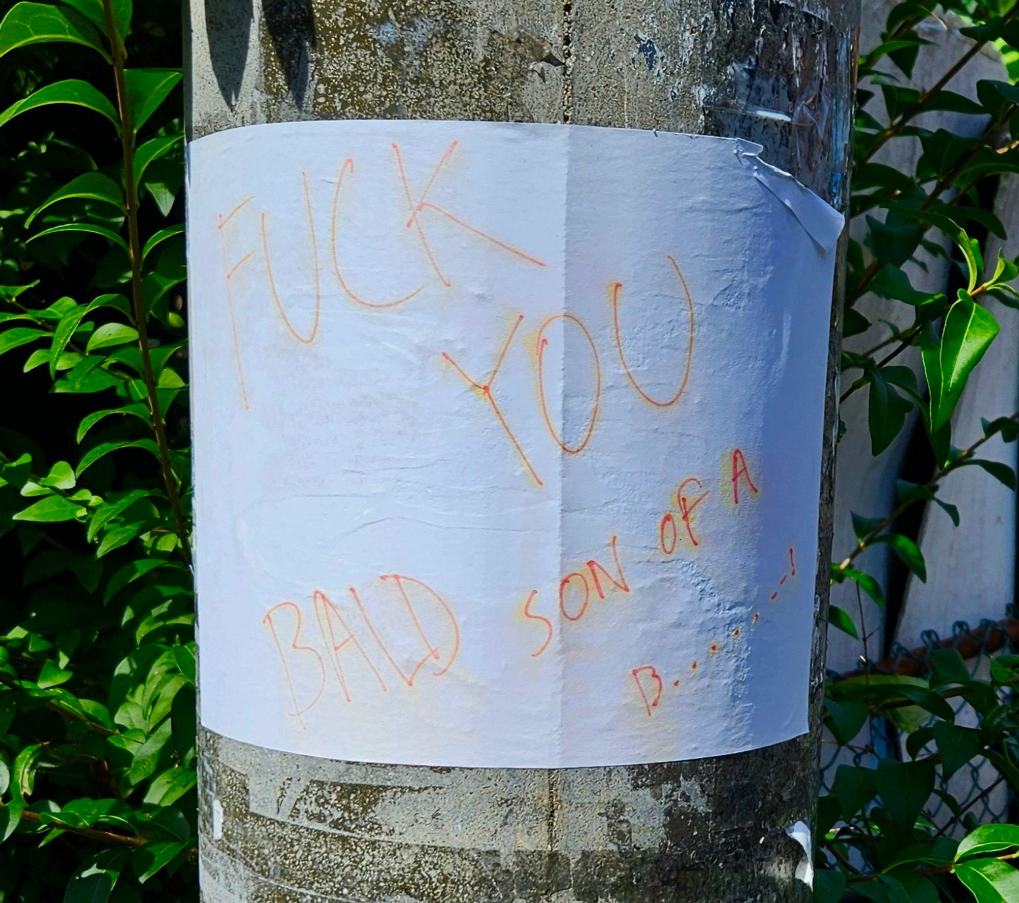 A piece of A4 paper pasted to a street lamp post that says in orange magic marker: FUCK YOU BALD SON OF A B........!