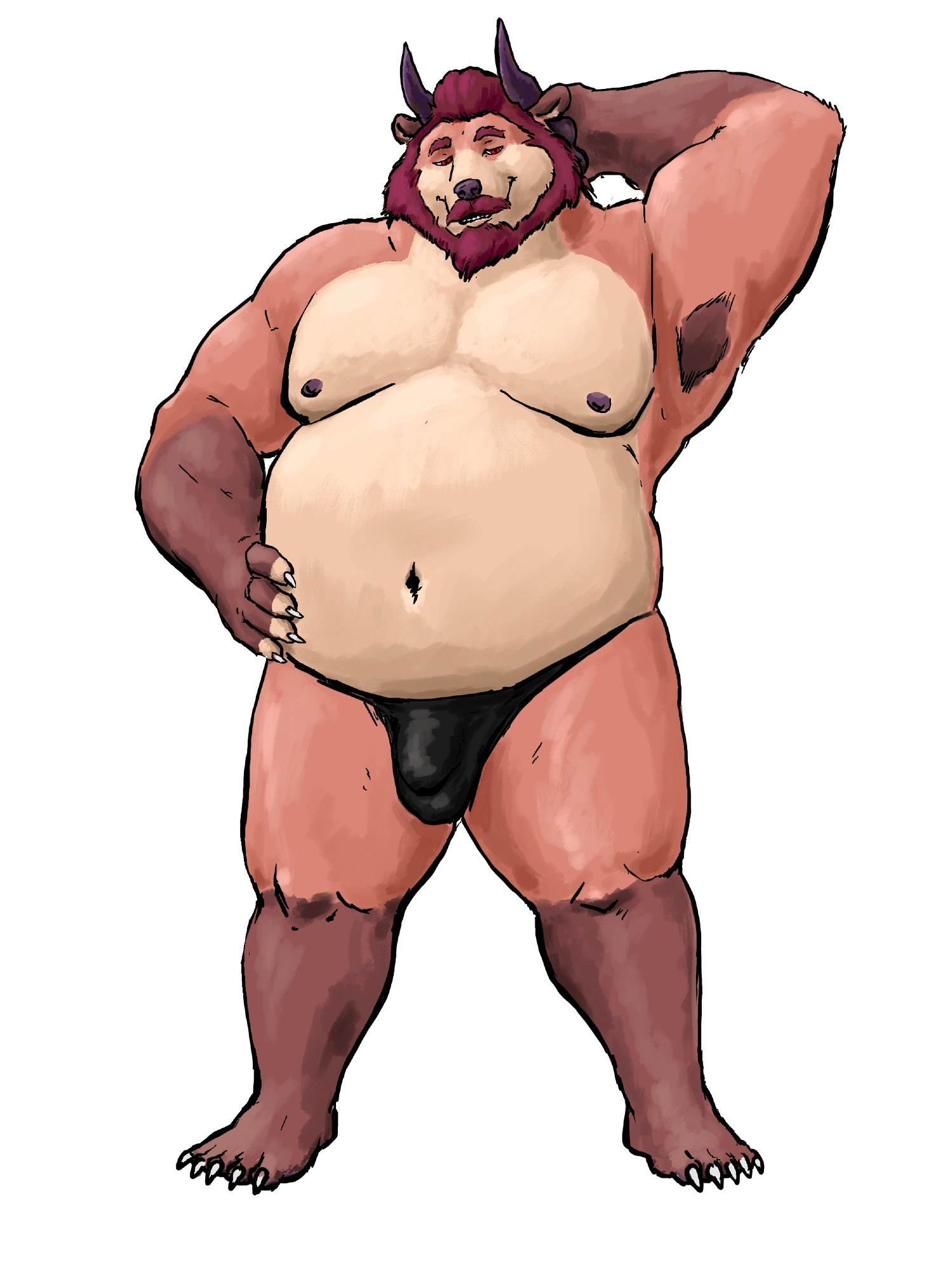 A big burly demon bear wearing a leather jockstrap 
