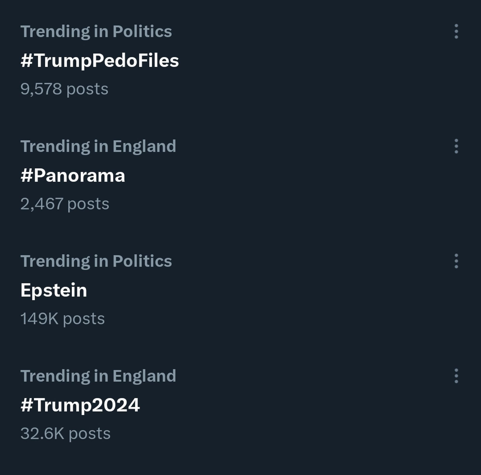 Twitter top trending tags:

#TrumpPedoFiles
#Panorama
#Epstein
#Trump2024