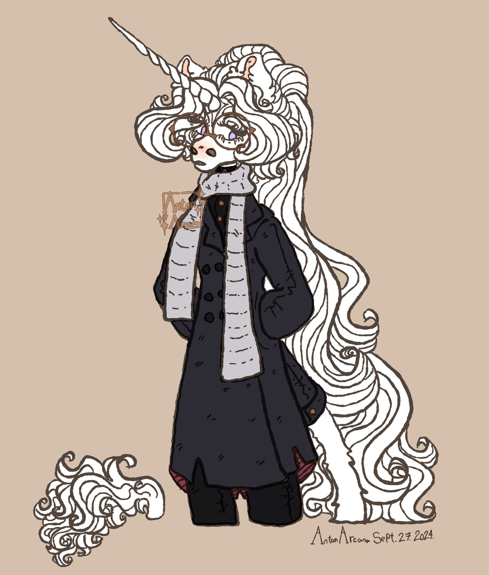 A digital illustration of Anton, a thin white anthro unicorn man, in a dapper fall outfit consisting of a dark grey double breasted coat, a black shirt with gold buttons, black trousers, and a light grey knit scarf. He is also wearing large, golden circle glasses, his hands are in his coat’s pockets, and he is looking off to the side with a slightly concerned expression. The signature reads AntonArcana Sept. 27. 2024.