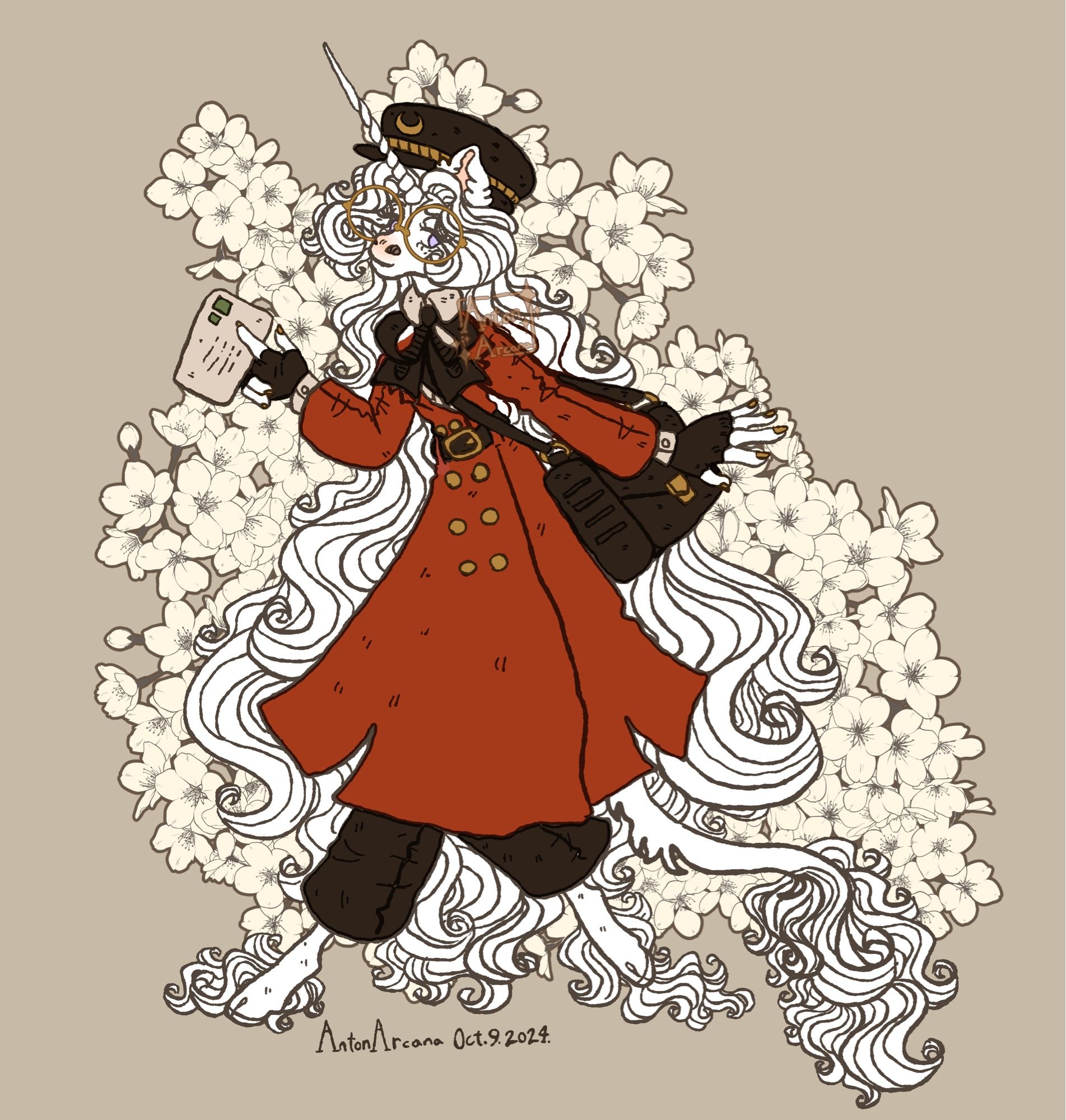 A digital illustration of Anton, a thin white anthro unicorn man, in an oldtimey postman uniform based on Denmark’s postal service uniforms of decades past. It consists of a red double breasted trenchcoat with a black belt and gold buttons, black trousers, black fingerless gloves, a black necktie in the shape of a large bow, an off white collared shirt and a black cap with a gold crescent moon on the front. He is carrying a large black messenger bag with a gold clasp over his shoulder, is wearing large golden circle glasses and holding up a letter with two green stamps. In the background are small cream coloured flowers in clusters. The signature reads AntonArcana Oct. 9. 2024.