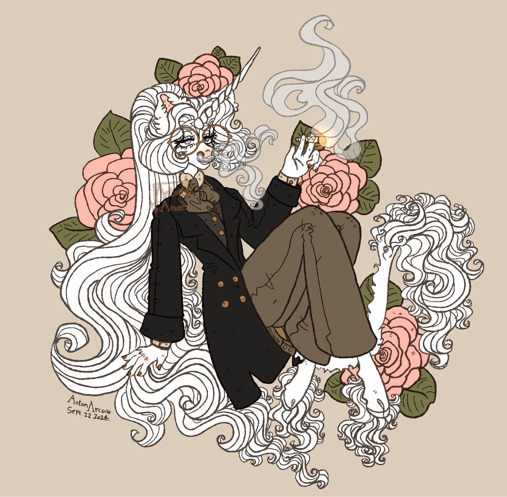 A digital illustration of Anton, a thin white anthro unicorn man, sitting leaned back on one hand while Holding the joint he’s smoking between two fingers on the other, as he gently blows air out his nostrils. He is wearing a black double breasted coat with brass buttons, a dark brown waistcoat with brass buttons, an off white collared shirt with a medium brown cravat, brown straight leg high waisted trousers and large, golden circle glasses. In the background are light pink roses with warm green leaves. The signature reads AntonArcana Sept. 22. 2024.