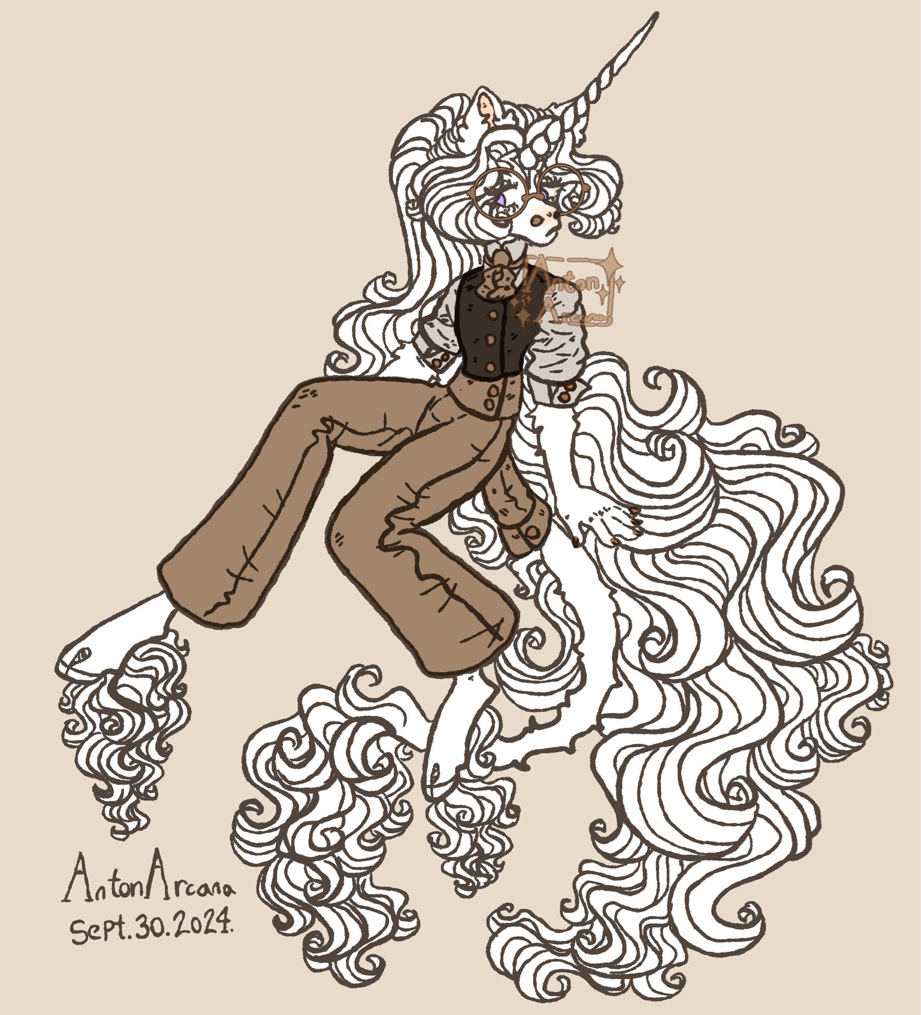 A digital illustration of Anton, a thin white anthro unicorn man, sitting down leaning on his hands with a slightly concerned expression. He has very long white head hair, cloven hooves with long fetlock feathers and lion like tail with a big, fluffy tuft. He is wearing an off white collared shirt with the sleeves pulled up past his elbows, a dark brown waistcoat with golden buttons, medium brown high waisted trousers and a cravat in the same medium brown, as well as large, golden circle glasses. The signature reads AntonArcana Sept. 30. 2024.