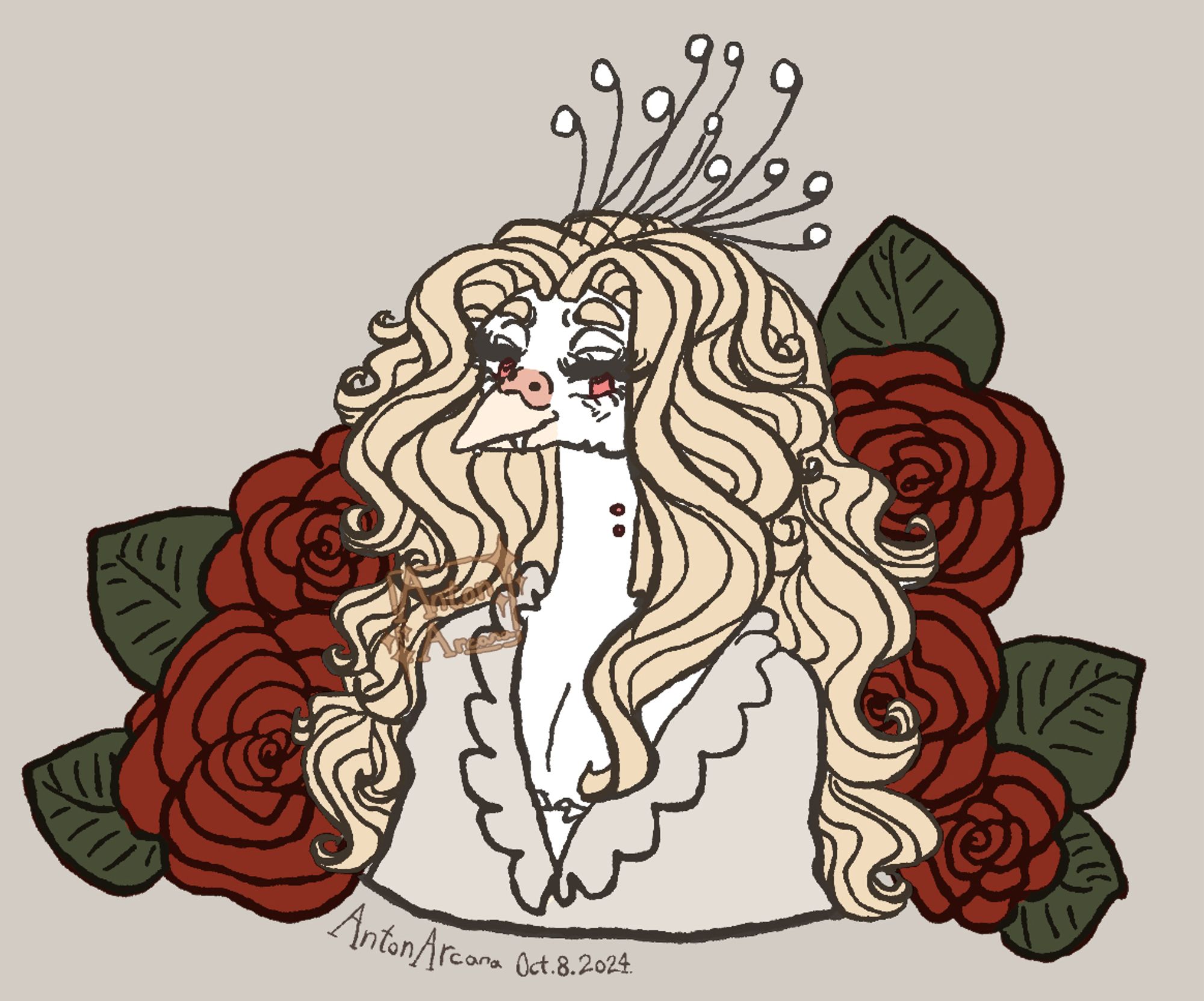 A digitally drawn portrait of Escher, an albino anthro peacock with long, blonde head hair, looking at the viewer flirtatiously. He is wearing a frilly shirt with a very low V neck, showing off the inner corners of his top surgery scars. In the background are deep red roses with green leaves. The signature reads AntonArcana Oct. 8. 2024.