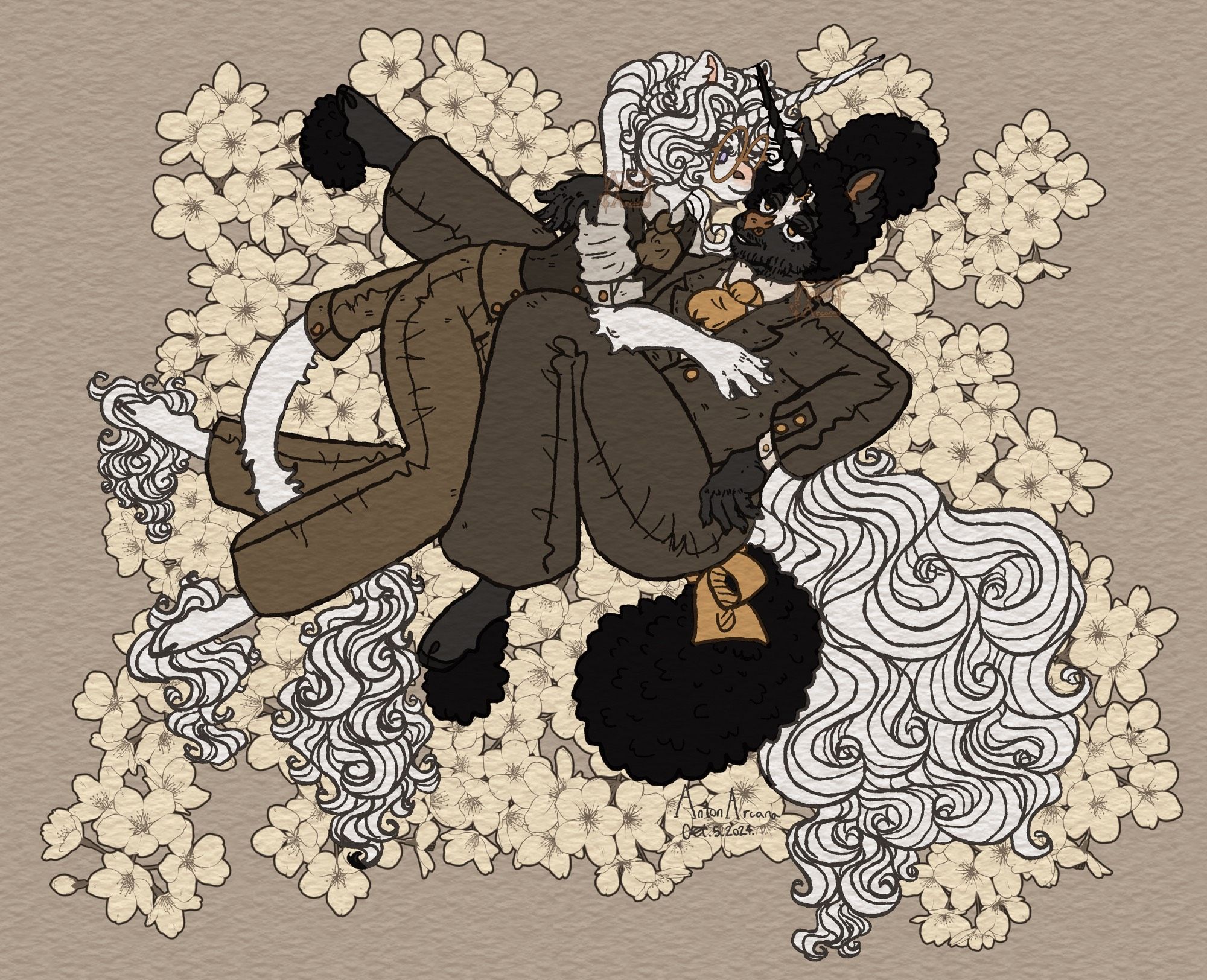 A digital illustration of Anton, a thin white anthro unicorn, and Thursday, a fat Black anthro unicorn, in a moment of affection. Thursday is leaning back on an implied surface, and Anton is on his knees leaning over him. They are both wearing attire loosely inspired by Denmark in the late nineteenth century, intentionally anachronistic on account of it being a fantasy world. In the background are small cream coloured flowers in clusters. The signature reads AntonArcana Oct. 5. 2024.