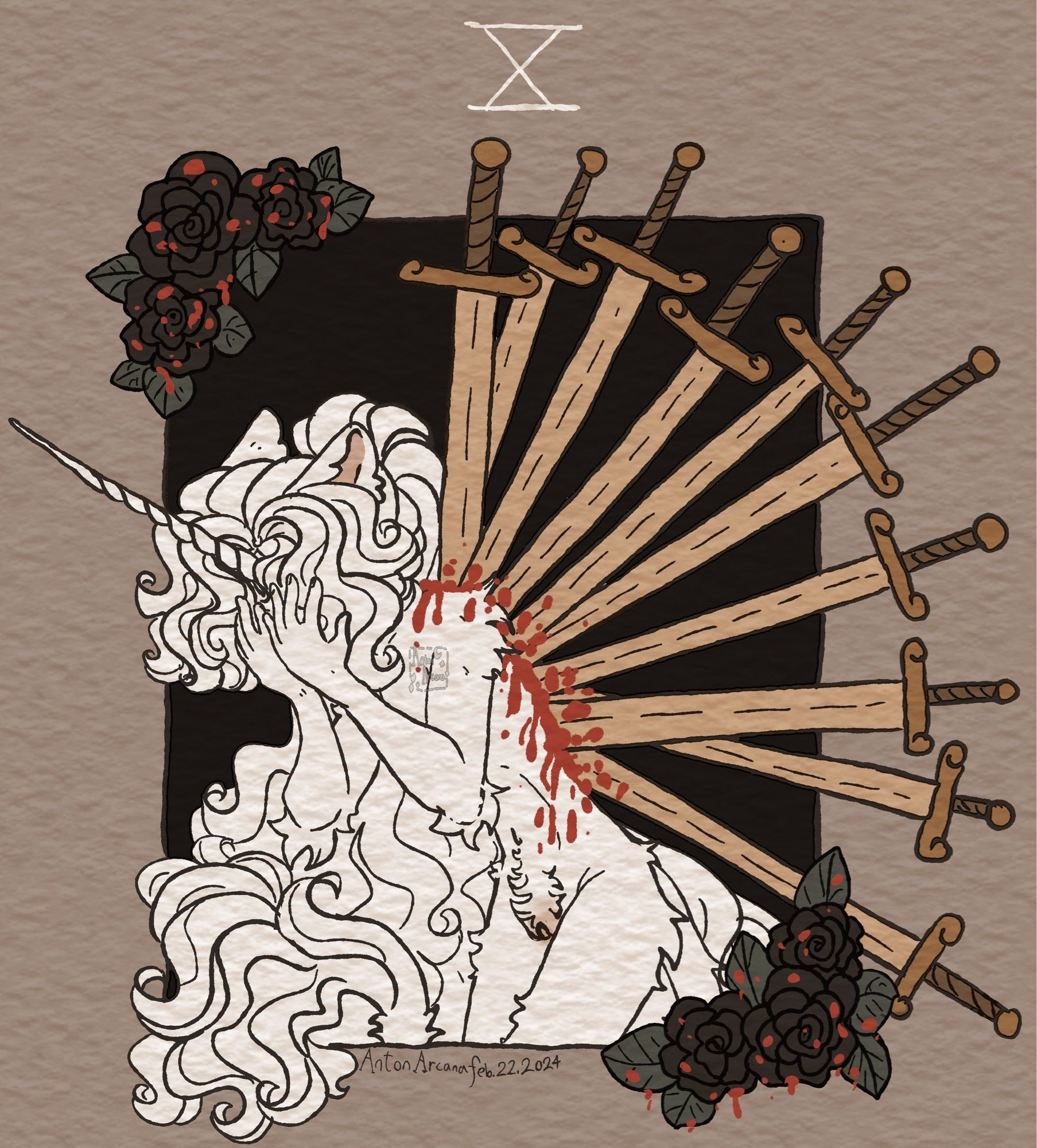 A digital illustration; an interpretation of the tarot card Ten of Swords featuring a white anthropomorphic unicorn character. His head hair is very long, the same white as his fur, and aside from his fluffy curtain bangs, is tied up in a high ponytail. He is hiding his face in his hands and hunched over, ten golden swords sticking out from his back, which has his white fur stained by bright red blood. He is naked, and the inside of his ears and his vulva are a soft, pale pink. The image is framed by black roses with green leaves, splattered with blood.