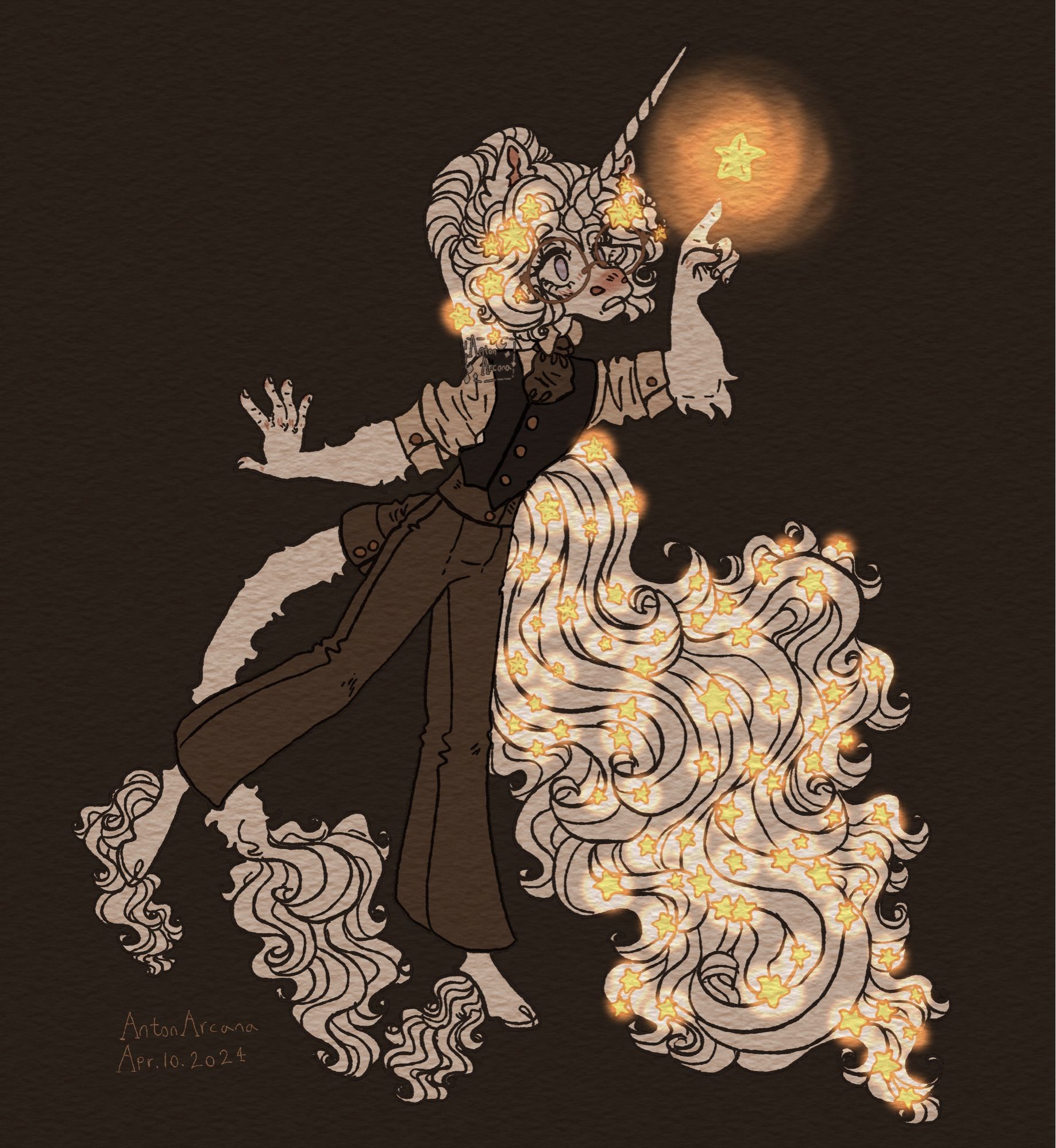 A digital illustration of a white anthropomorphic unicorn man with very long, white head hair reaching out with one finger to touch a glowing star above his head. His hair, too, is full of glowing stars. He is wearing late 1800s inspired attire, although intentionally fictionalised and anachronistic. The drawing has a texture overlay akin to watercolour paper.