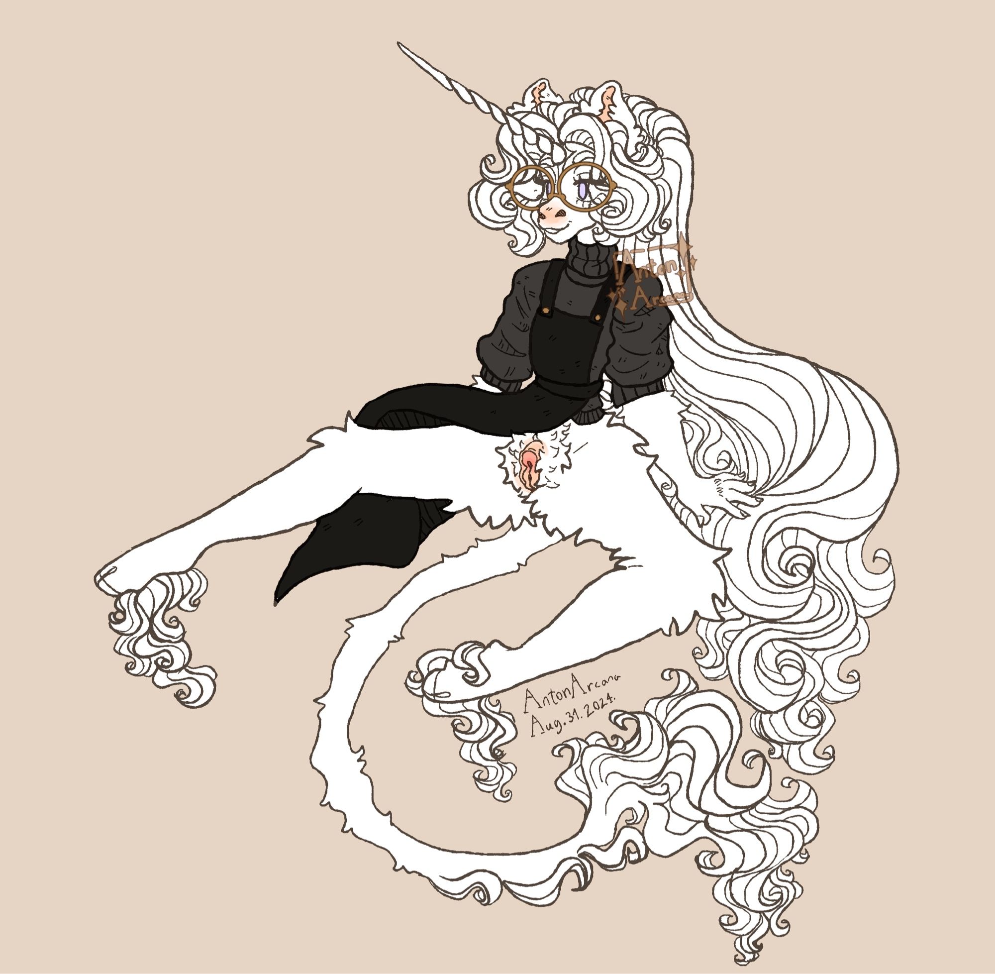 A digital illustration of Anton, a white anthro unicorn man with slightly fluffy fur, a lion like tail and very long white head hair tied up in a high ponytail, sitting on an implied floor wearing a black turtleneck, a black apron pulled to the side and laying over his thigh, large golden circle glasses and neither pants nor underwear. He has a gentle smile on his face, and his nose, the inside of his ear and his vulva are soft, peachy pink. The signature reads AntonArcana Aug. 31. 2024.