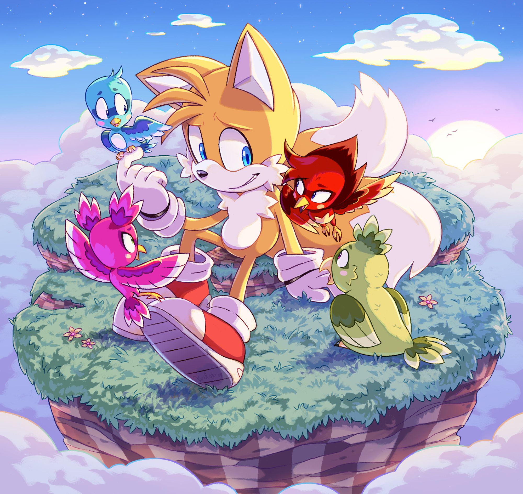 Tails the fox and his flicky bird friends sitting on top of a small cliff/pillar that has soft grass with a sunset view behind them.