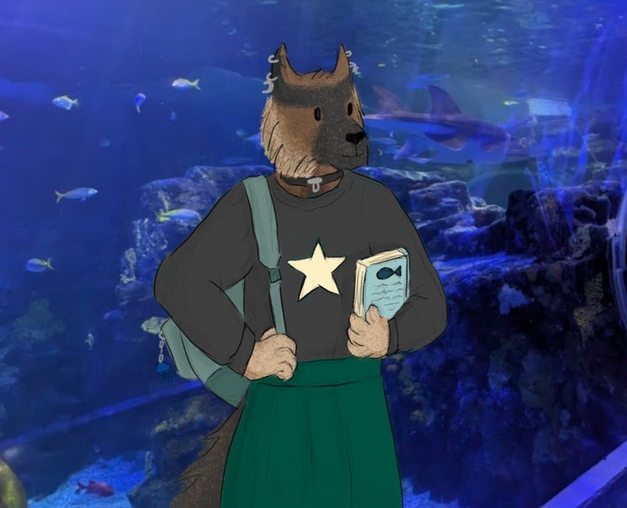 Digital drawing of an anthro German Shepherd wearing a black sweater with a star and a loose green skirt, with a photograph from an aquarium tunnel as the background.