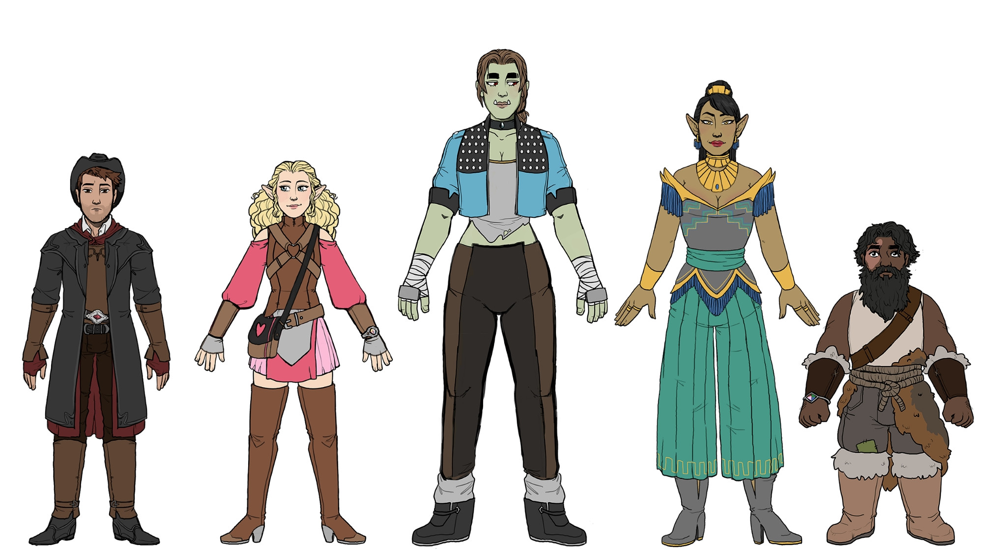 Lineup of five characters, left to right, a short man in a black leather duster cowboy look , a short elf girl with blonde hair in leather Armour with pinks skirt and sleeves, an orc woman wearing a blue leather jacket and knuckle dusters, a tall elf woman covered in gold ornaments, a dwarf man with a scar on his right eye wearing a fur around his waist