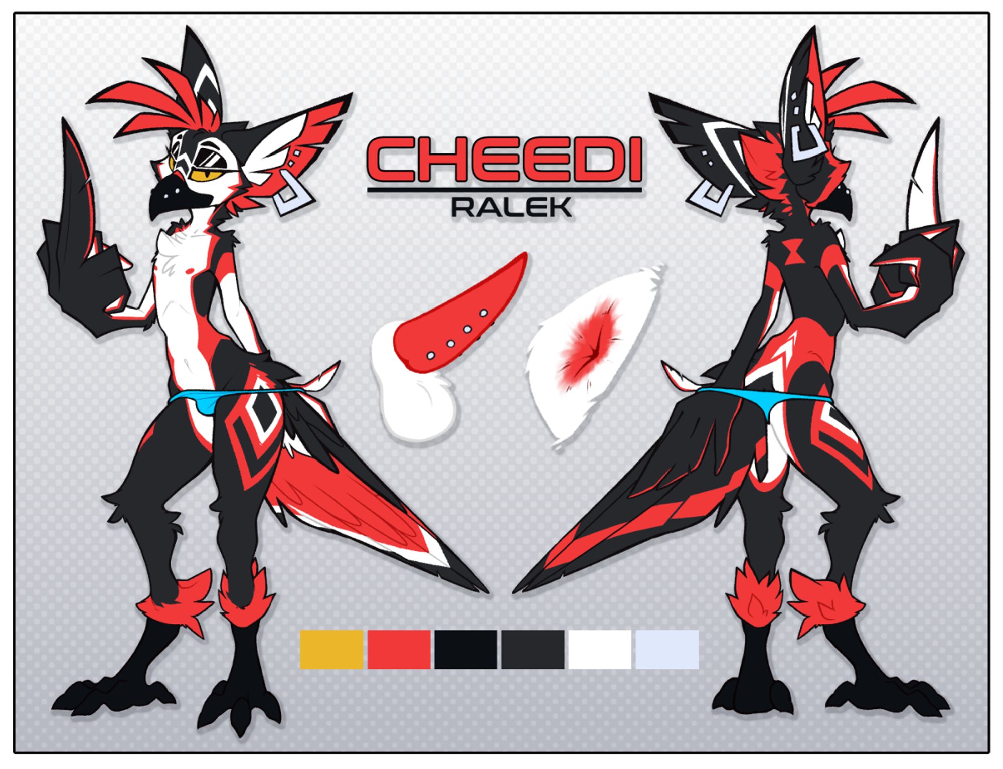 Reference sheet for my red and black black-widow inspired femboy bird named Cheedi.