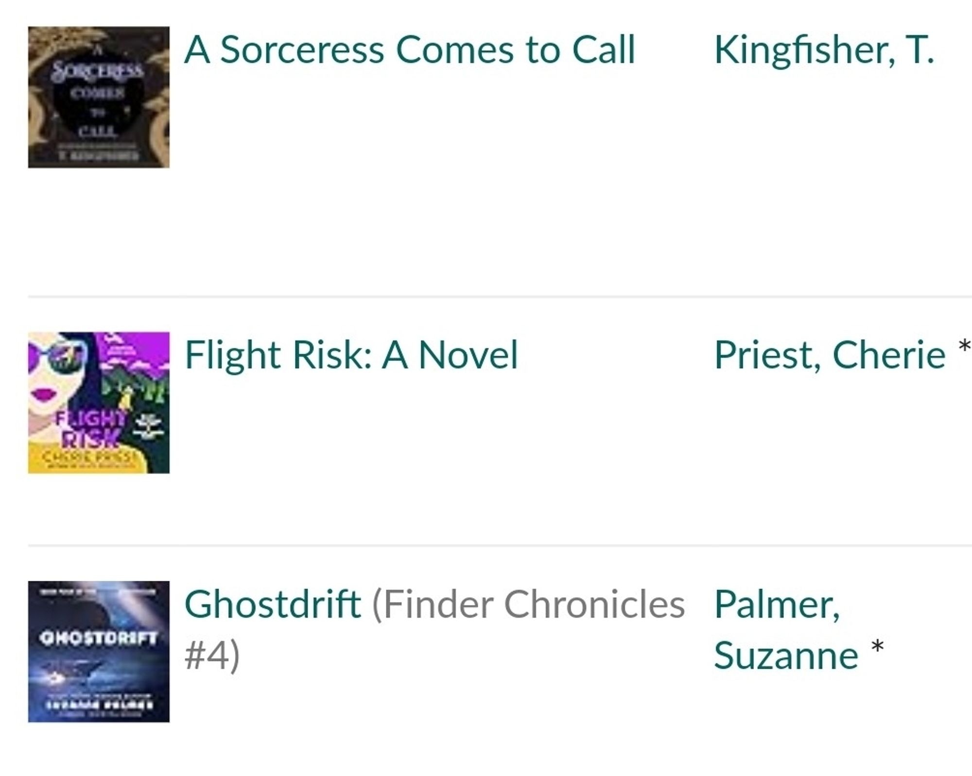 Snapshot from goodreads.com listing the books and authors from the post with small depictions of the cover art for each novel.