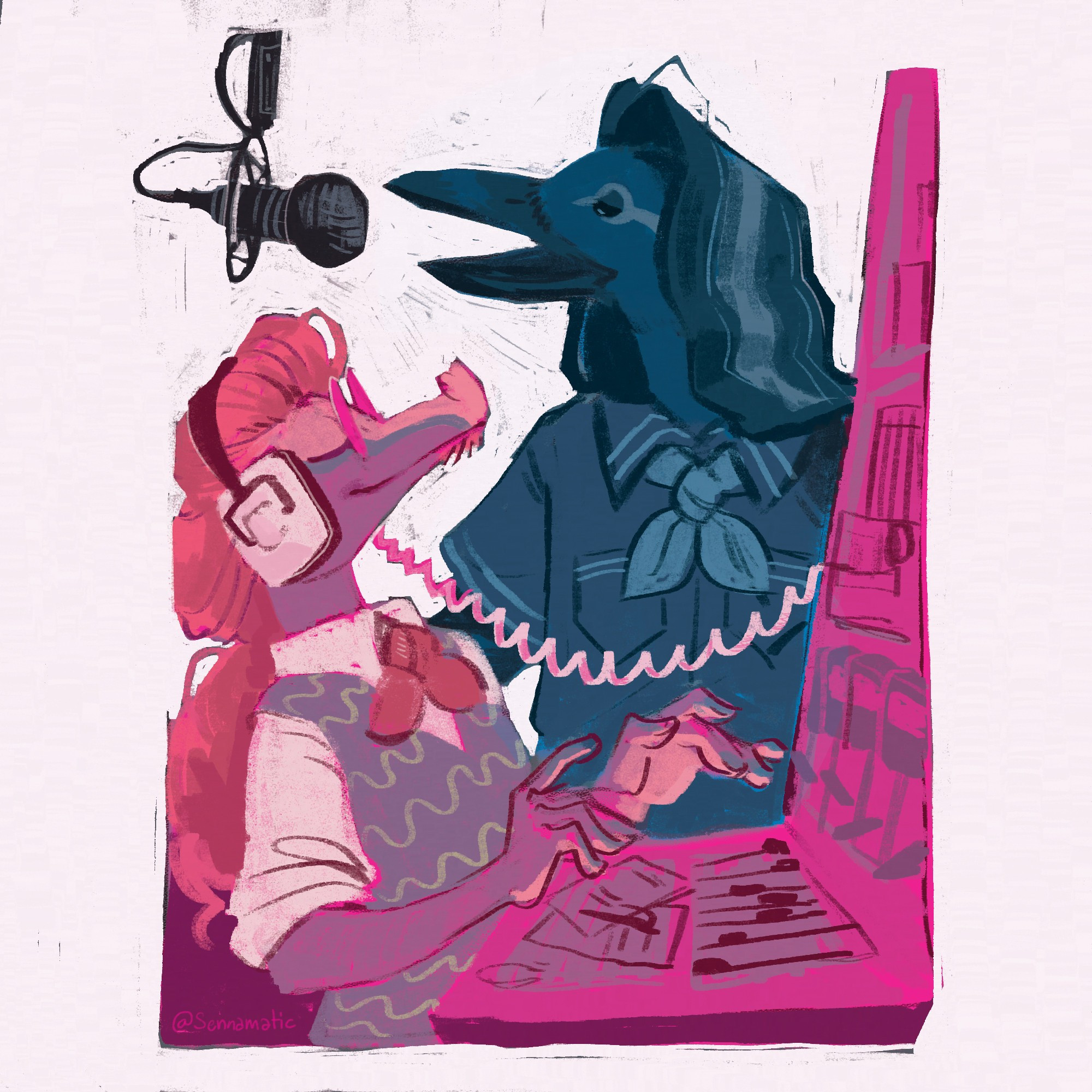 A digital painting of two anthropomorphic figures in a radio sound booth. The figure in the foreground, a ribbon eel with long wavy hair and a funky cardigan is fiddling with the soundboard and listening to the results. The figure in the back, a dark seabird with streaked hair and a nautical outfit, is speaking into a microphone. The foreground of the image is washed in pink, and the background is saturated in a deep blue. The paint streaks are visible 