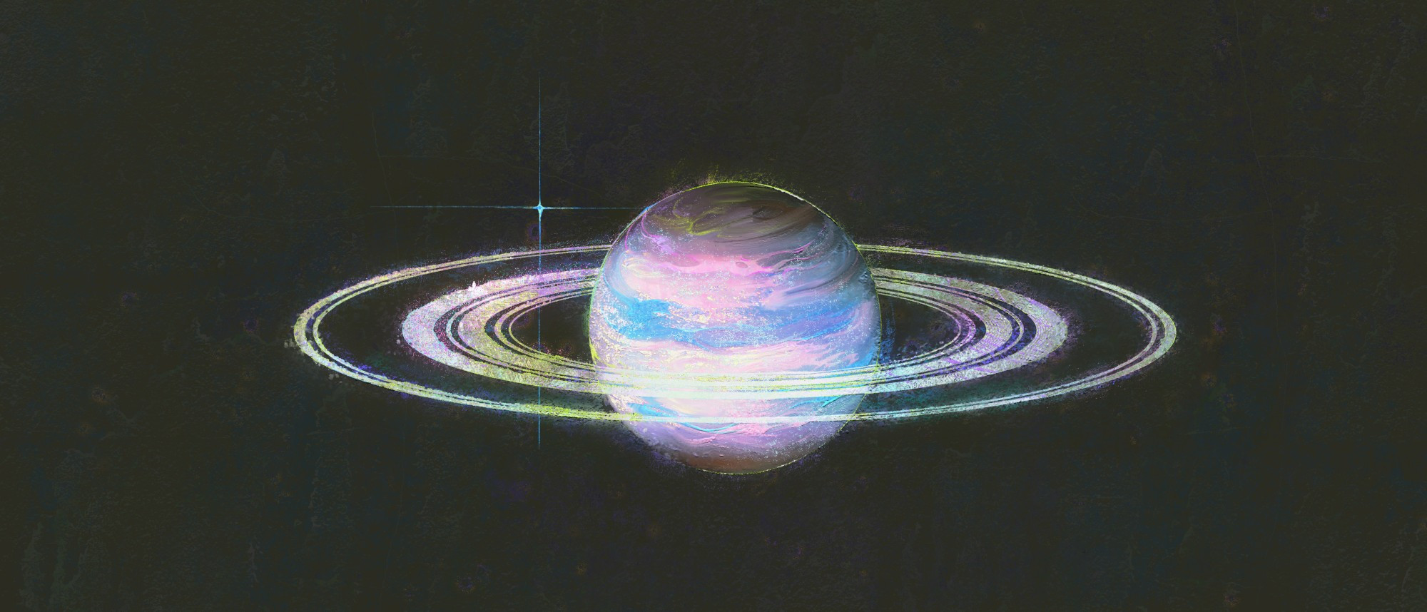 painting of jupiter in holographic color, earth glow brightly as a tiny speck of light behind it