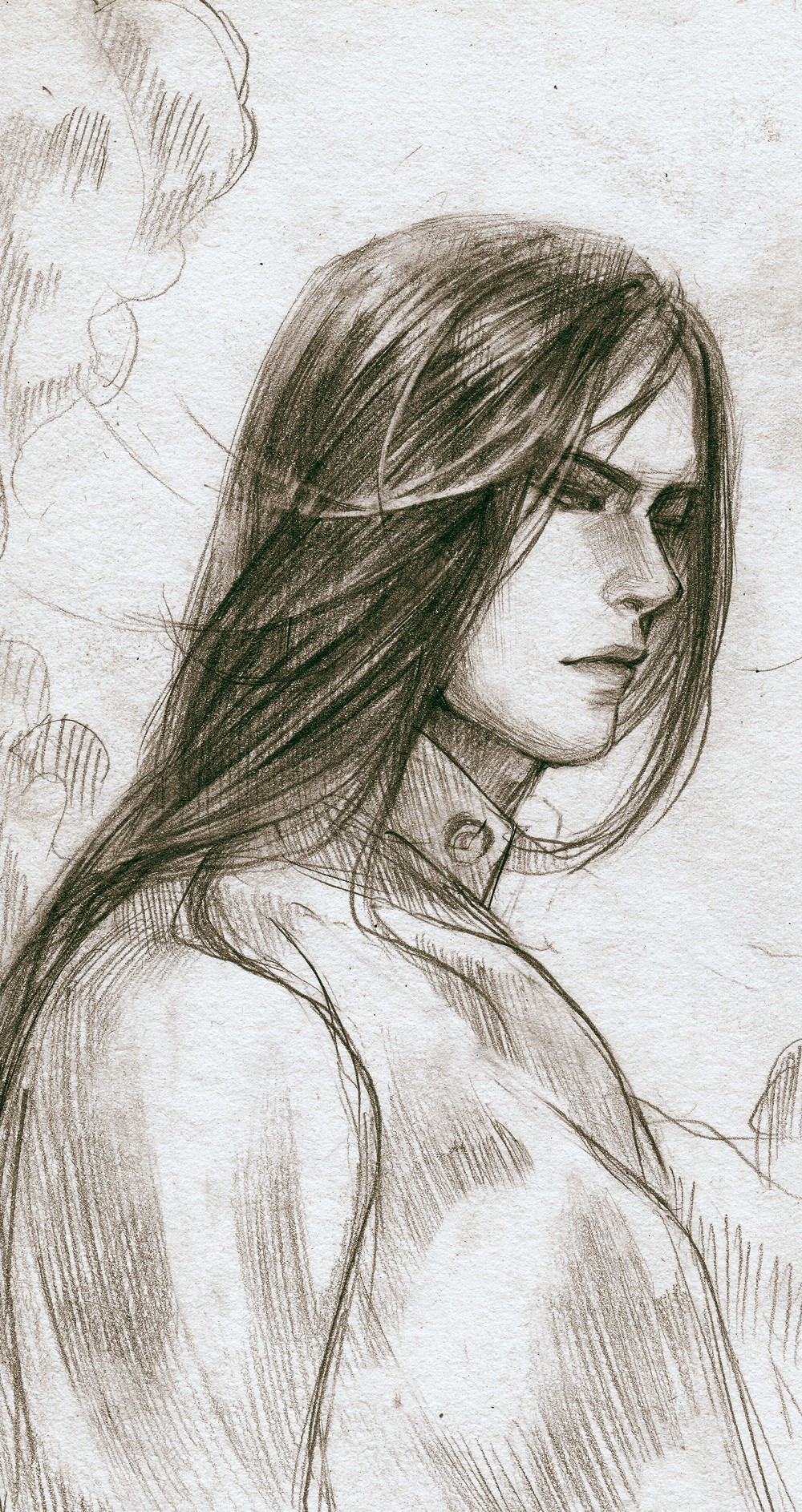 A pencil sketch of Atsushi Sakurai's profile view in cool sepia tone