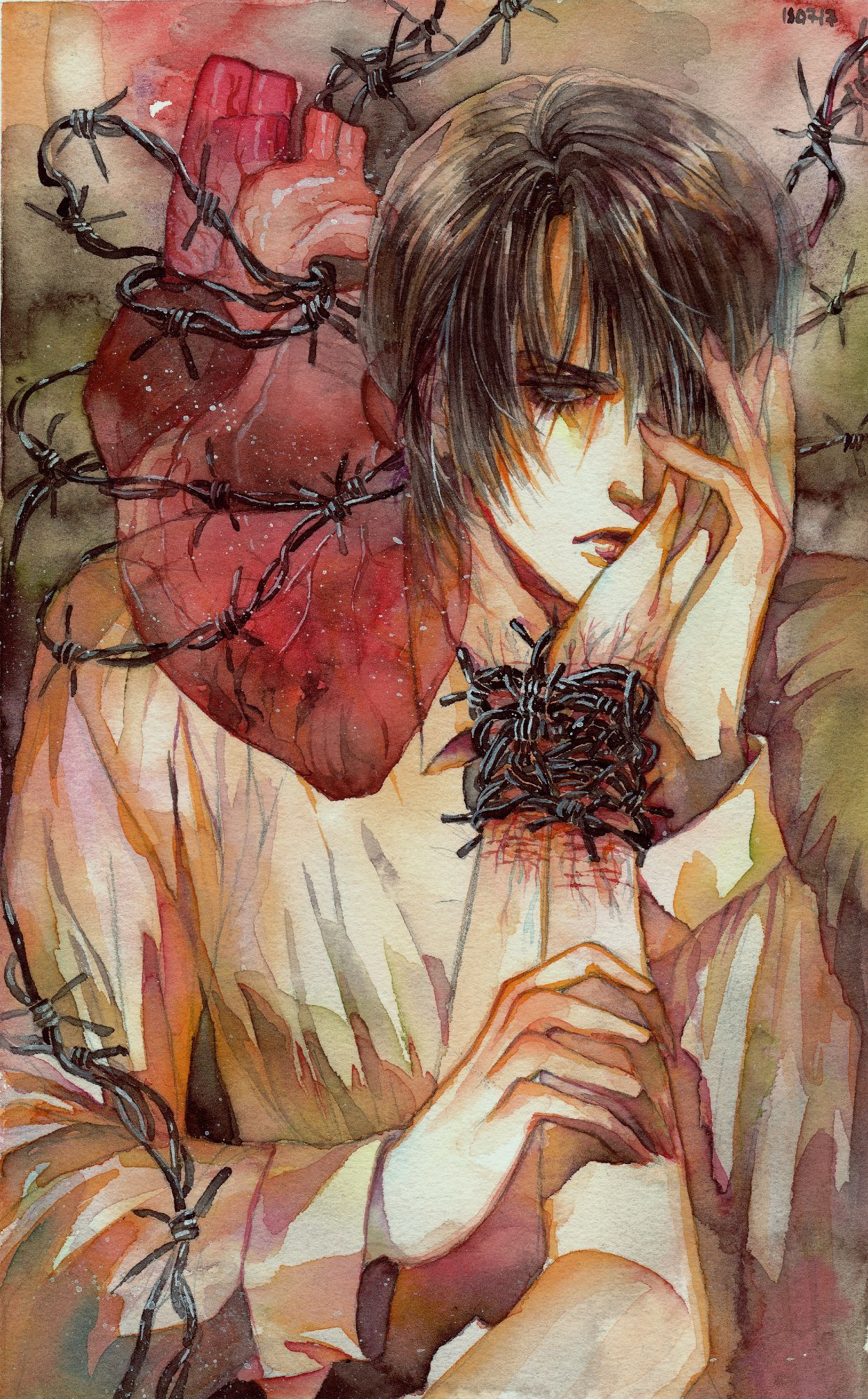 watercolor painting of a man pressing a pair of arms restrained by barbed wired agaisnt his face. a ghostly image of a heart pierced by barbed wired show up on the left of the canvas. the artwork got washed over by a sickly shade of yellowy green, constrasted by red hues from the heart and bloody wounds of the restrained arms