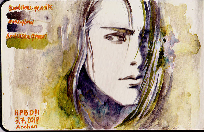 A watercolor sketch of Atsushi Sakurai face in green and purple tone. on the top left corner there's color swatches with shades names: bloodstone genuine, moonglow and undersea green. on the bottom left corner writes: HPBD! 3.7.2018 Acchan