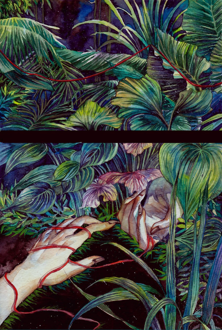 watercolor painting of crowded greenery on dark back ground. top frame show a red string hanging on top of some of the flora, bottom frame show two pair of pale rotting hands nearly touching each other, shrouded by plants, with the red string wrapping around each hand