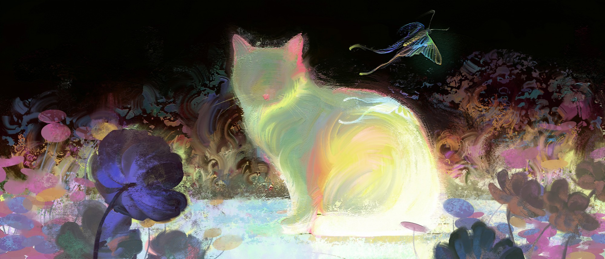 painting of an eyeless cat looking at viewer, the butterfly that was just on his nose flew away, the ground glow and lit the cat and the flowers in psychedelic iridescent colors agaisnt deep dark background