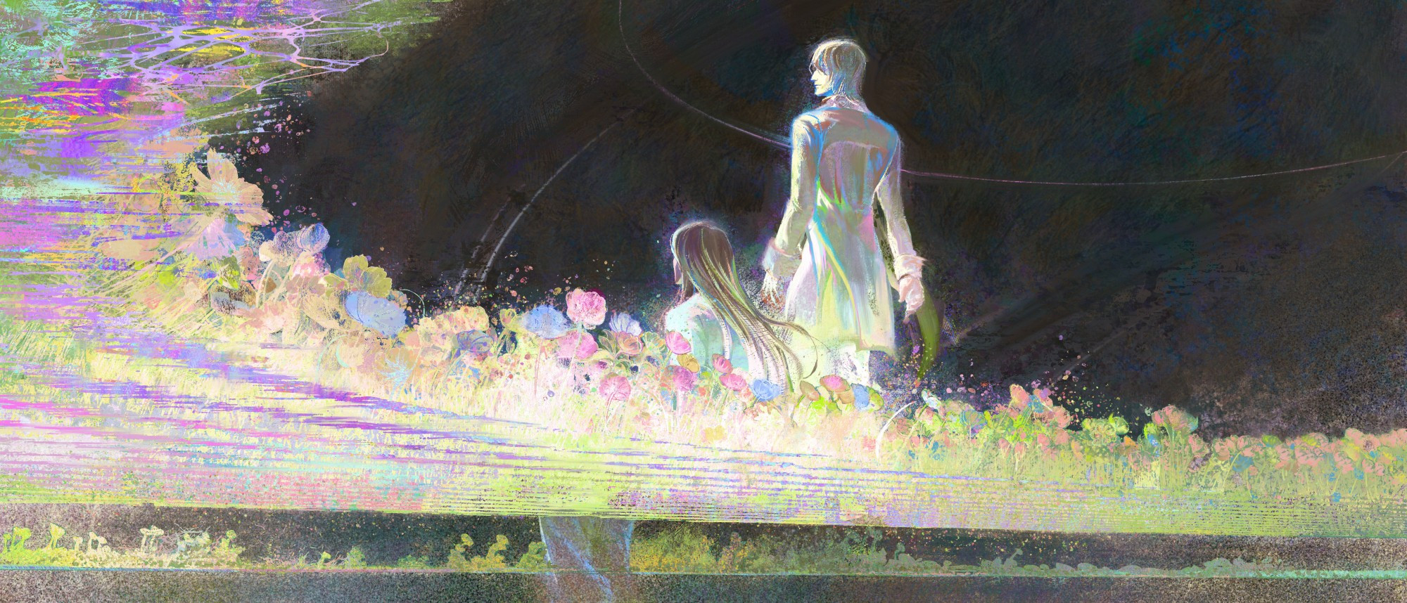 painting of two person, one standing and one sitting on a parabolic shape with colorful flowers growing on said shape, both character looking in one far direction away from viewer, glowing with the same lustrous color as the flowers agaisnt the dark void