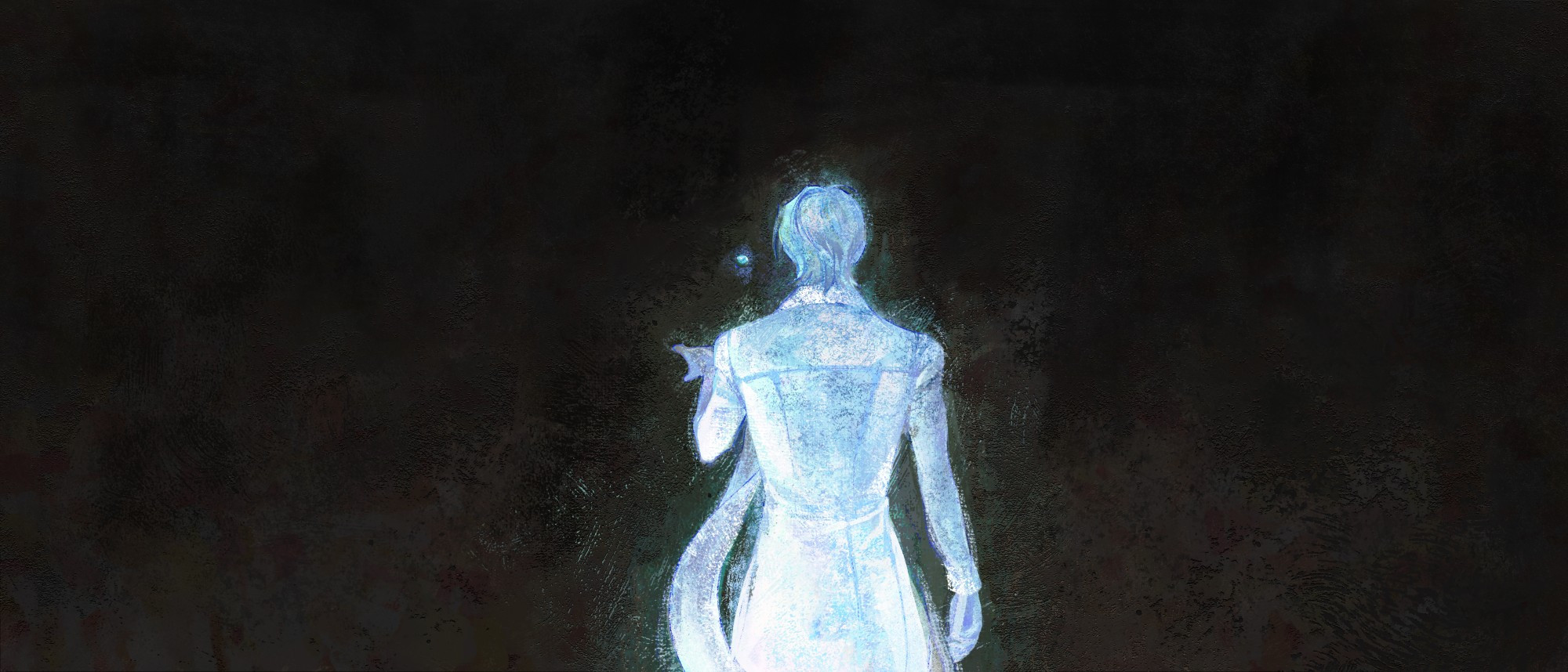 painting of atsushi sakurai's back view in soft blue shades glowing agaisnt vast black background, he lift his left hands up in a cupping gesture under a faint spectre of light from far away 