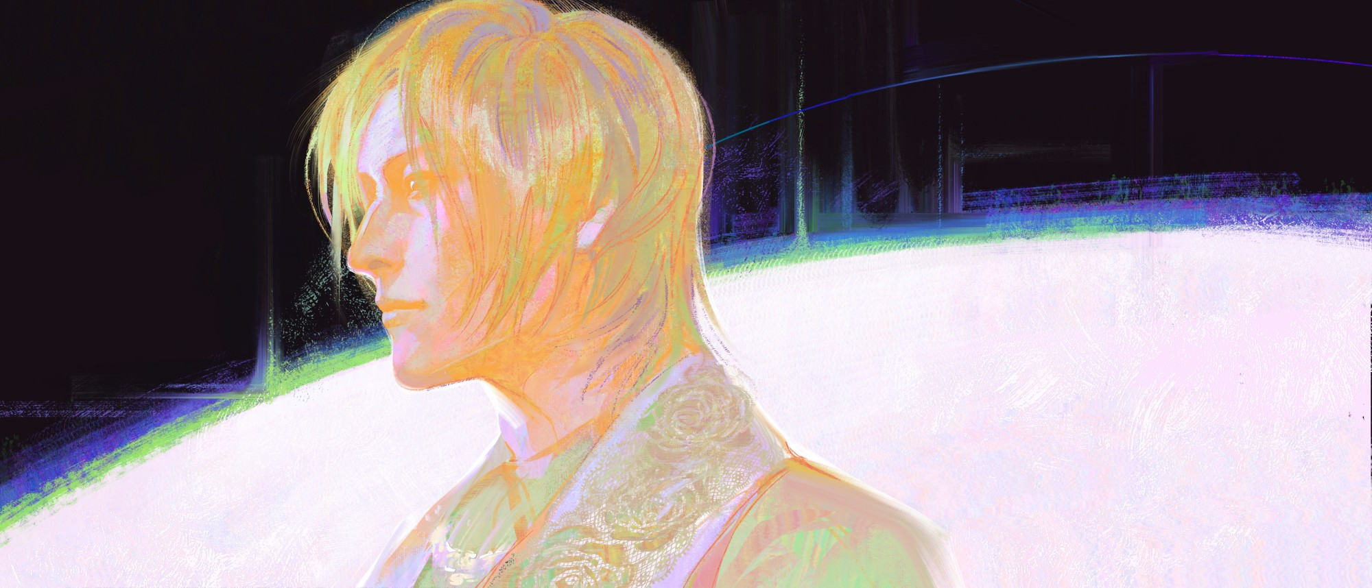 painting of atsushi sakurai's profile view in abstract colors, looking to the left of the canvas. the painting's background split in half by a soft glowy curve, top half is filled in with solid black and bottom half is holography white