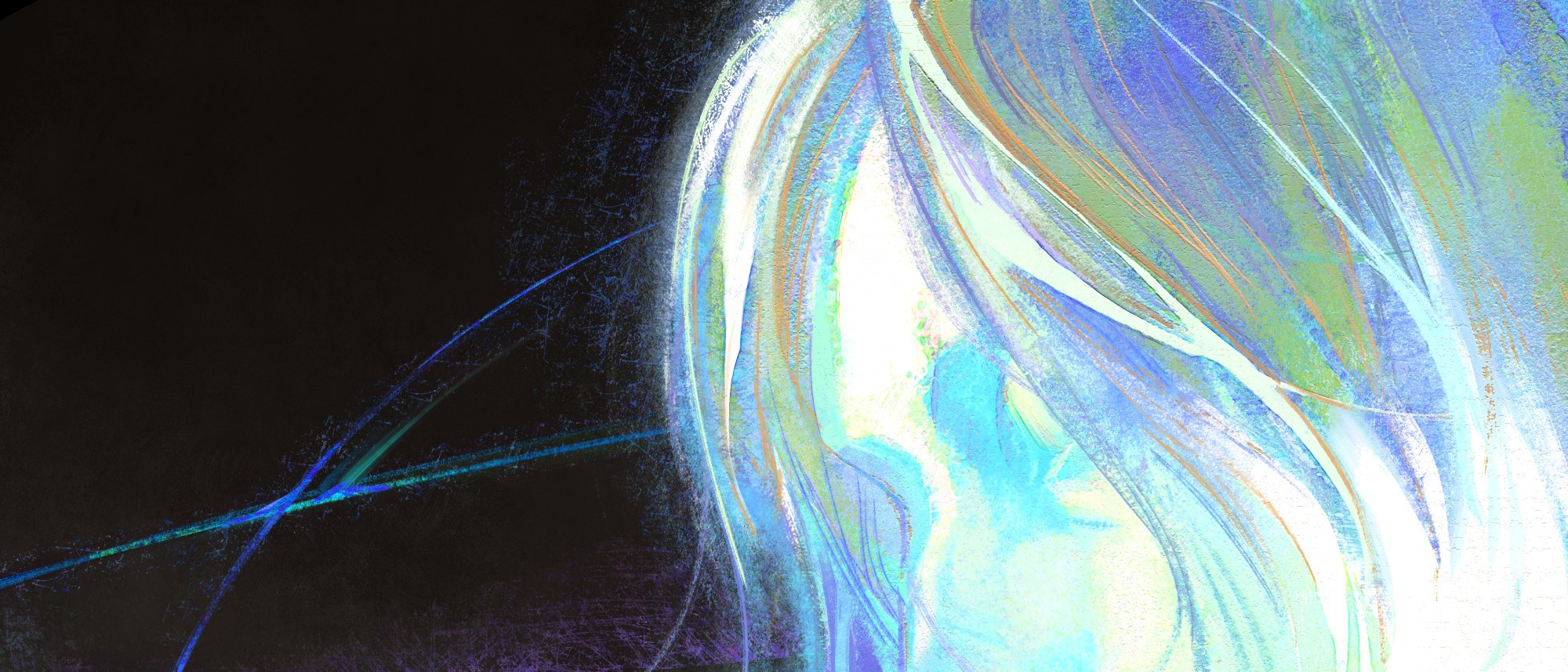 painting of atsushi sakurai's profile view in abstract blue shades, eyes closed, head tilted down. his portrait glows agaisnt a deep black background with abstract brushstrokes