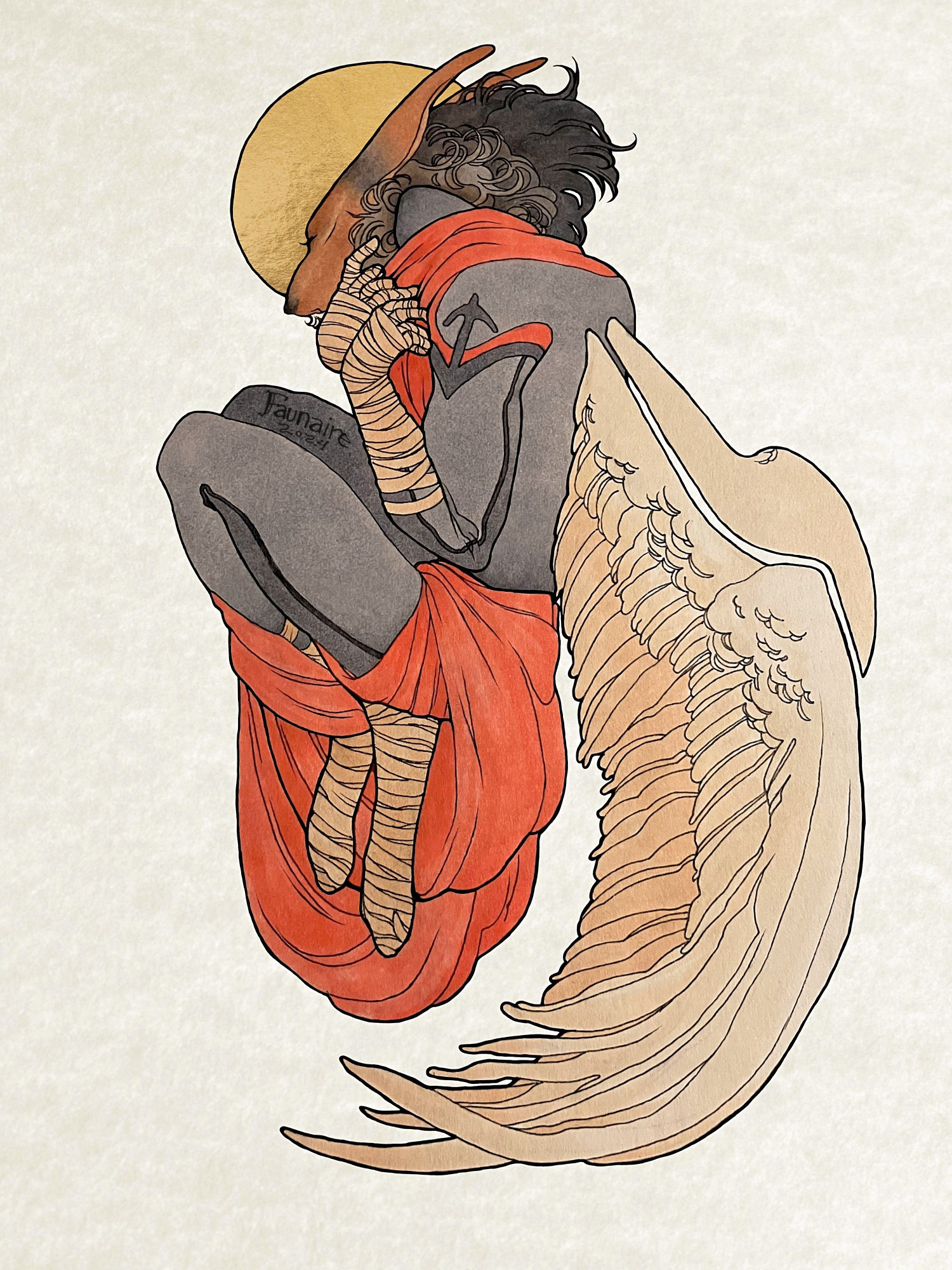 Toned and muscular Worgen clutching a faded scarlet red cloak wrapped around form fitting grey woolen clothing. Pale bandages tightly woven on the hands, forearms, paws and legs of the figure, coloration matching the pair of angelic, feathered wings draping lazily down. A halo of malleable golden paint cresting the head.