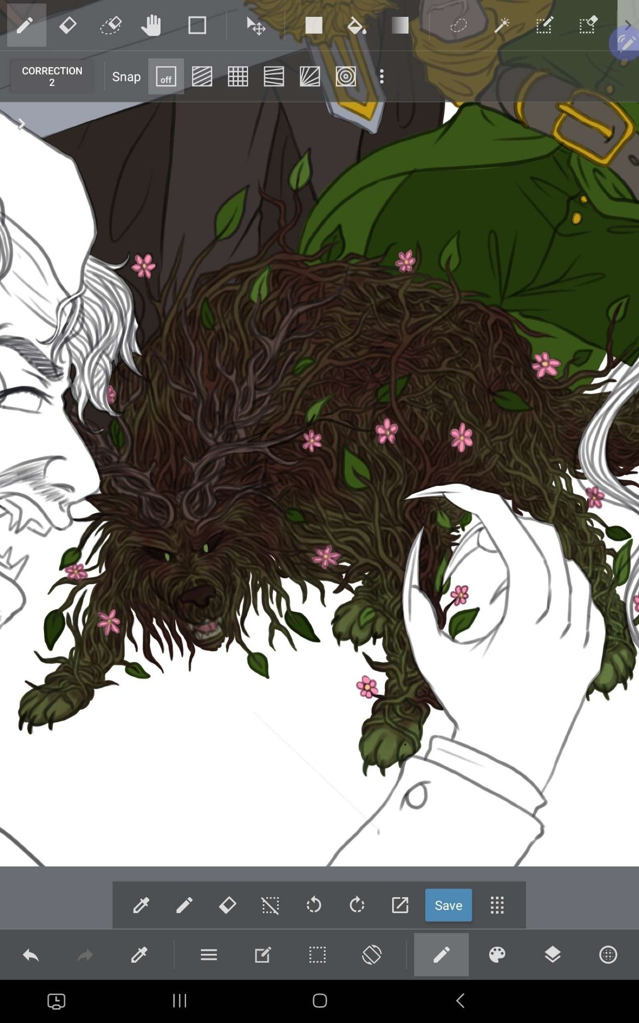 WIP drawing of a wolf made of brambles, twigs, leaves, and flowers, it also has antlers coming from its head