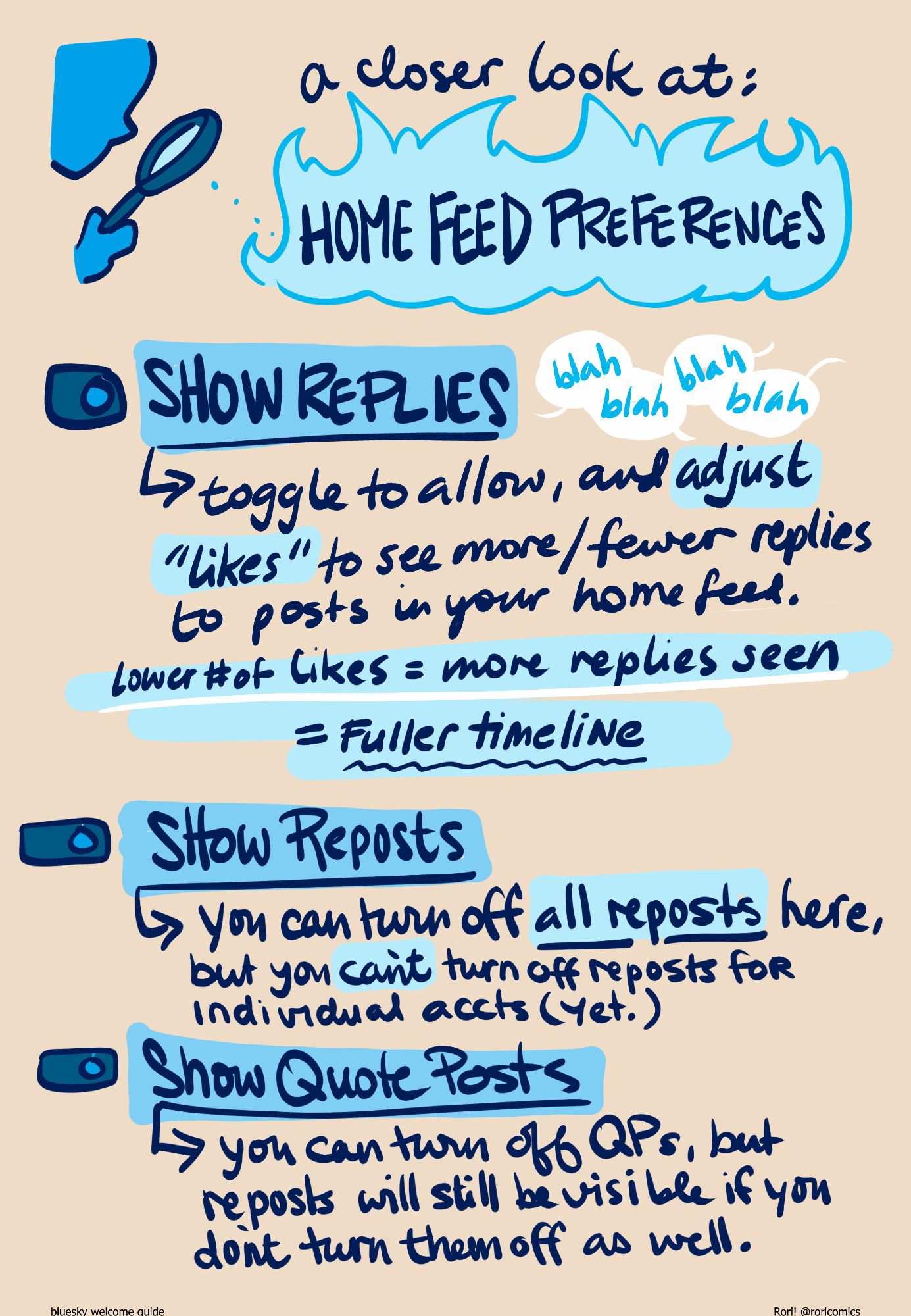 A closer look at:
HOME FEED PREFERENCES
(toggle drawing) Show Replies:
toggle to allow, and adjust "likes" to see more/fewer replies to posts in your home feed (tl)
Less likes = more replies seen = FULLER TIMELINE

Show Reposts:
you can turn off all reposts here, but you can't turn off reposts from individual accts (yet.)

Show Quote Posts:
you can turn off QPs, but reposts will still be visible if you don't turn them off as well.