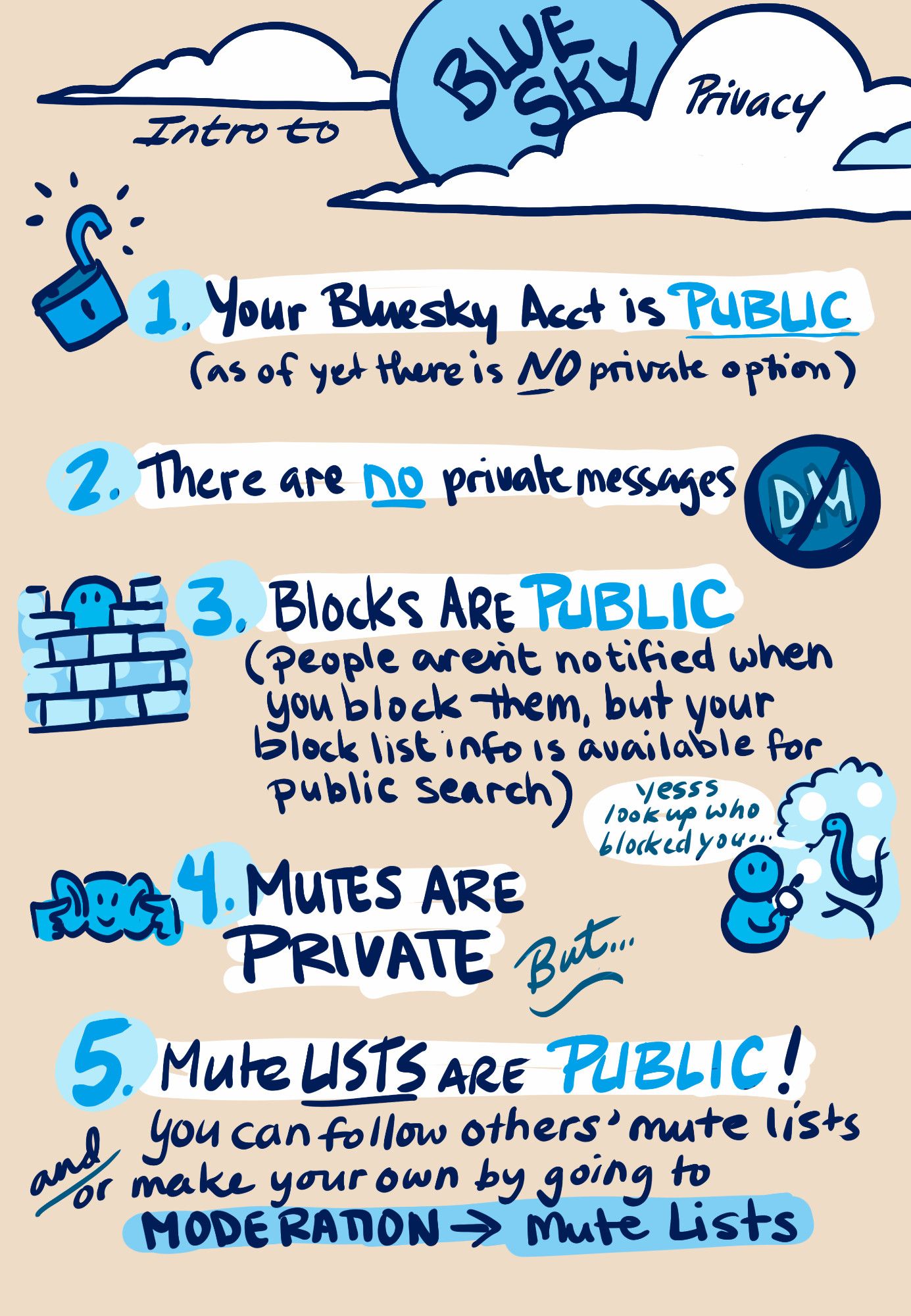 Intro to Bluesky privacy:

(drawing of unlocked padlock) 
1. Your Bluesky acct is PUBLIC (as of yet there is NO priovate option)

2. There are NO private messages (drawing of letters "DM" with no sign through them)

(drawing of round face behind brick wall) 
3. Blocks are PUBLIC (people aren't notified when you block them, but your block list info is available for public search) 
(drawing of snake tempting round face person saying "yesss look up who blocked you")

(drawing of round face with fingers in ears) 
4. Mutes are Private
but...
5. Mute Lists are PUBLIC
you can follow others' mute lists and/or make your own by going to Moderation --> Mute Lists