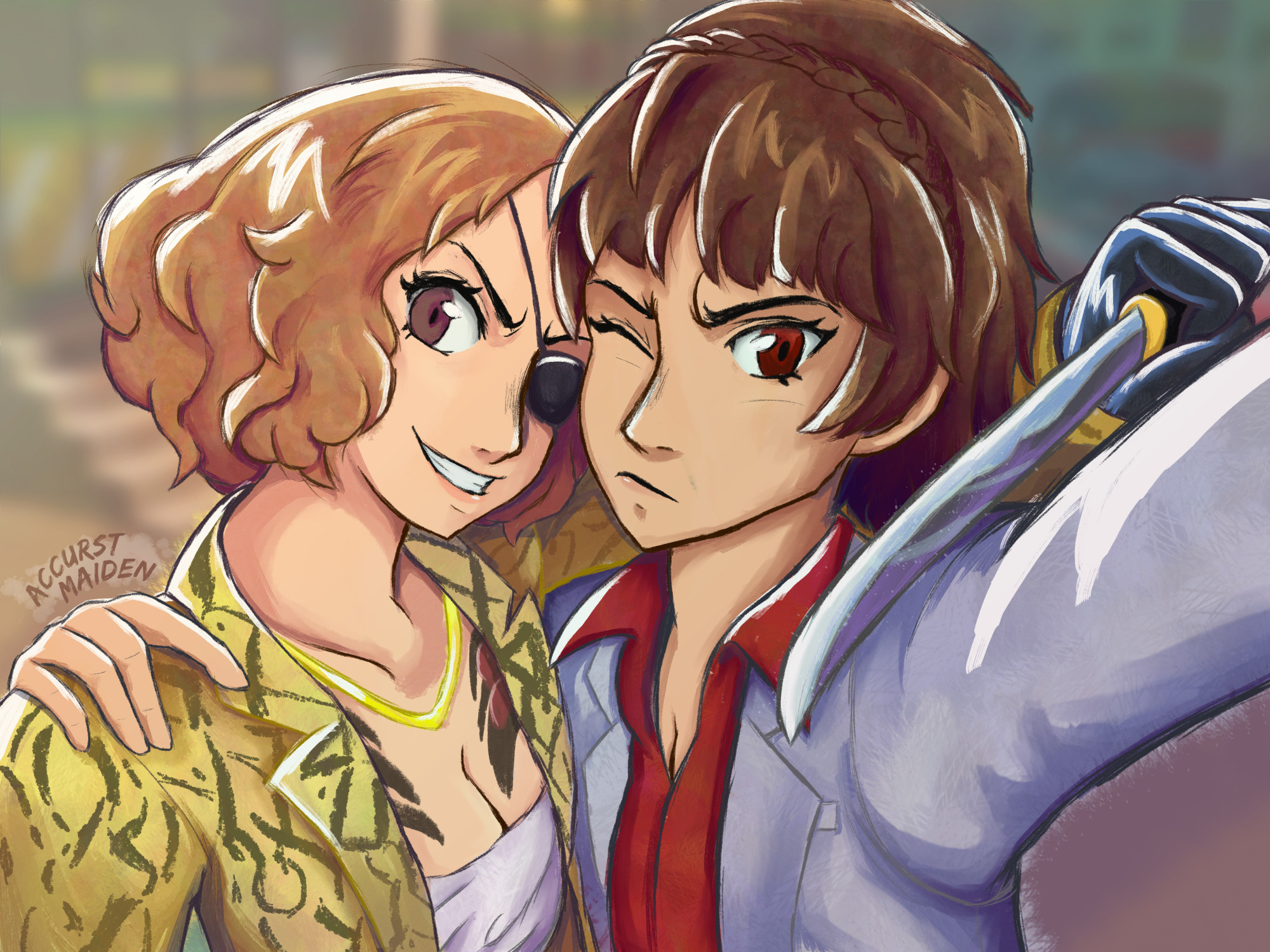 Fanart drawing of Haru Okumura and Makoto Niijima from Persona 5 dressed as Goro Majima and Kazuma Kiryu from Like a Dragon/Yakuza respectively taking a selfie