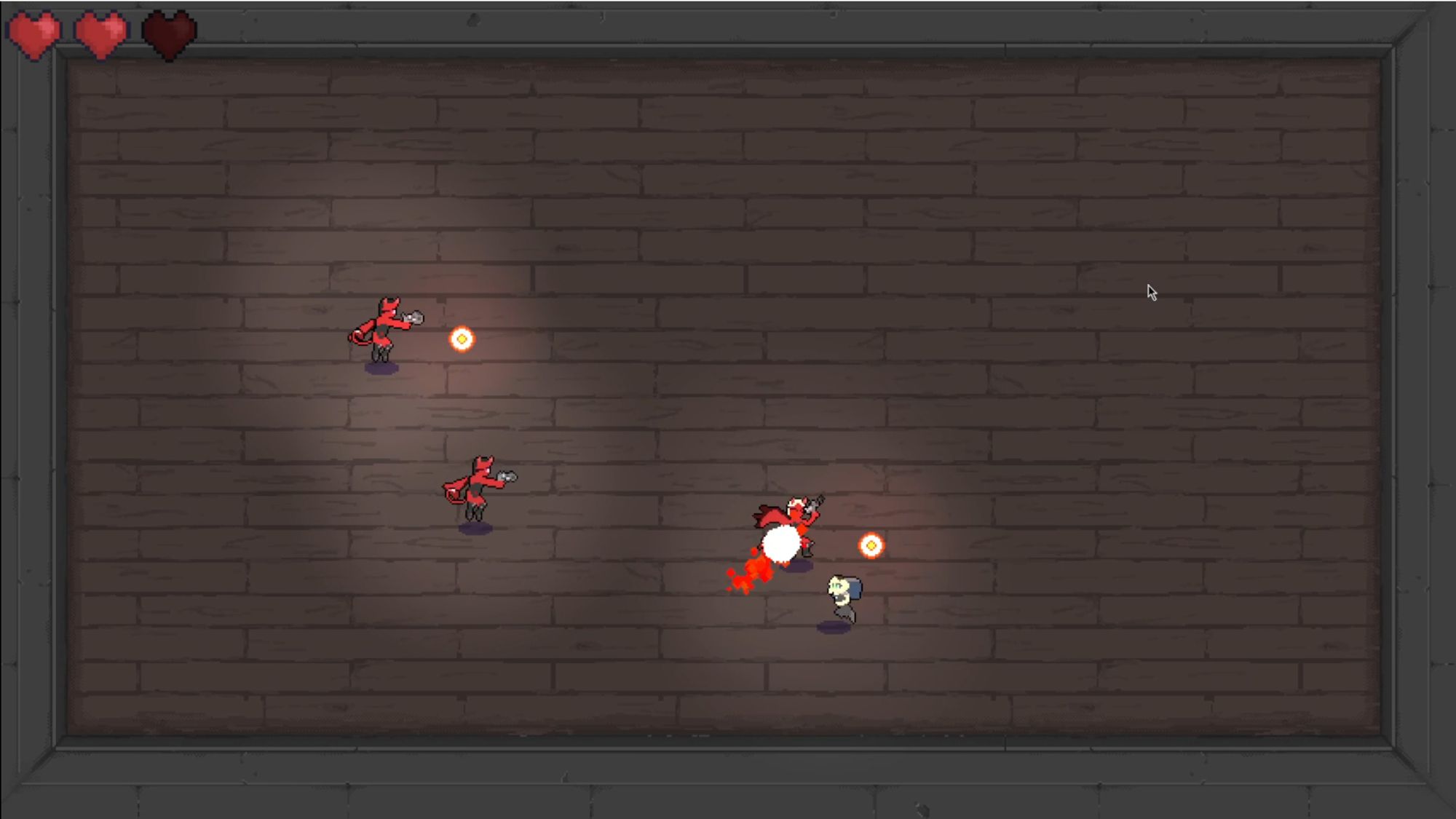 screenshot where someone with a big hammer just hit a demon character with a gun. they are getting shot at too