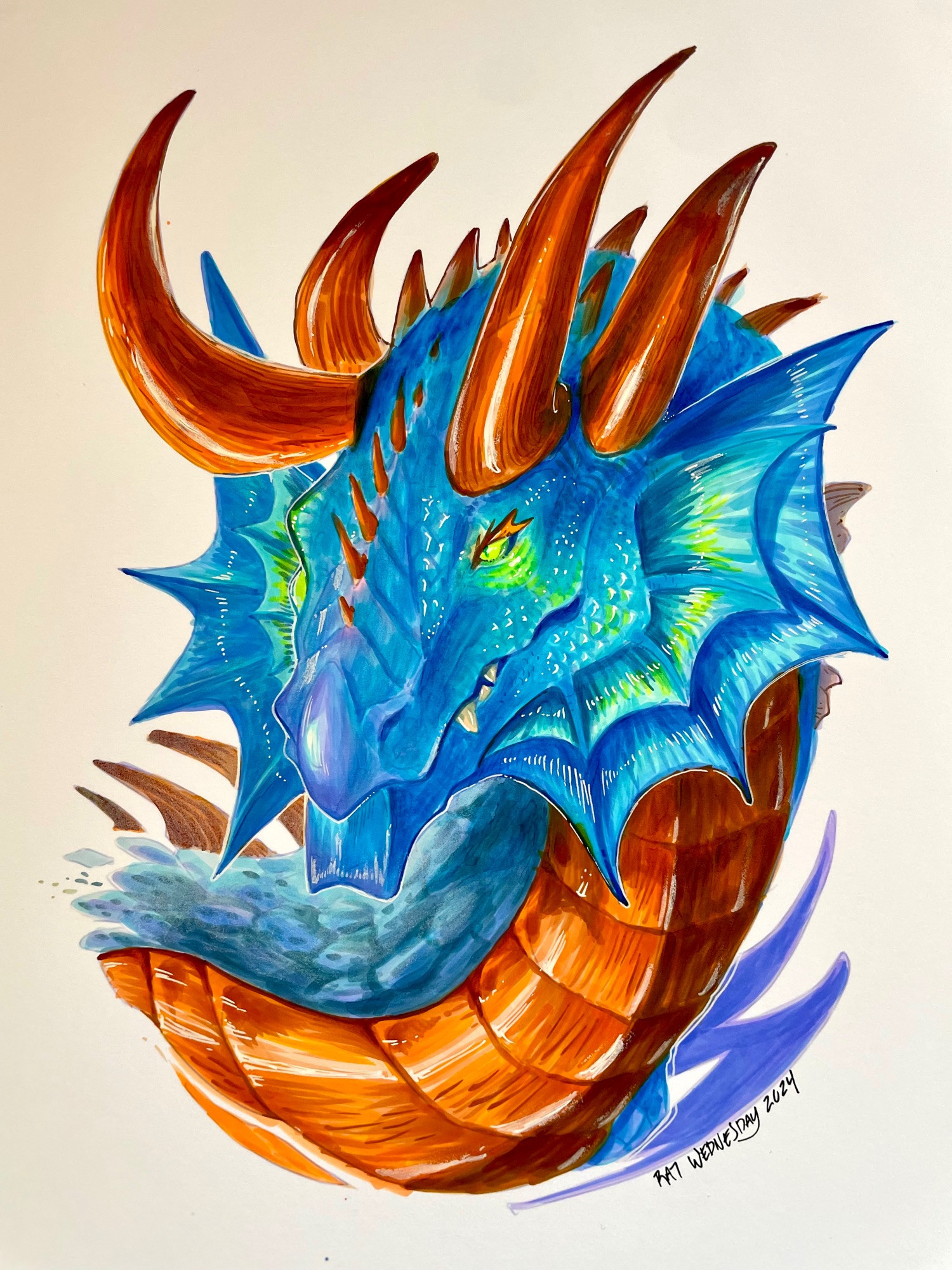 A drawing of a blue and copper dragon in portrait, looking off to the side of the canvas. Large fins sprout from the sides of its jaw, with two sets of heavy copper horns from its forehead. Its eyes are glowing green.