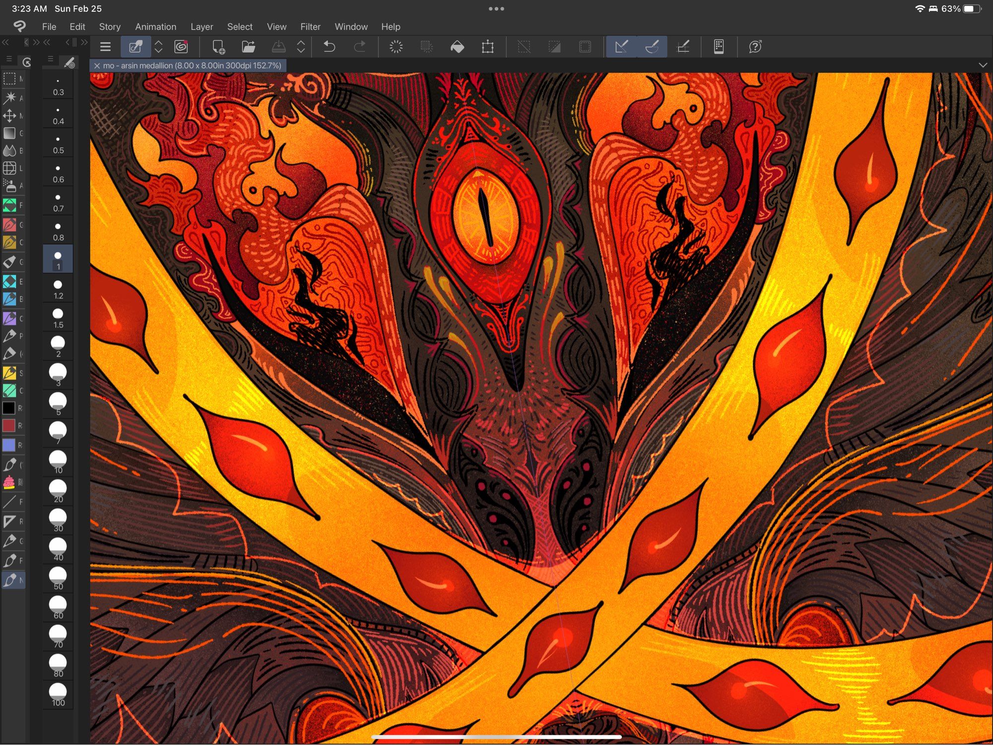 A screenshot of clip studio paint. A cropped, abstracted face is visible at an angle partially covered by two overlapped gold bands with red eyes set into them.